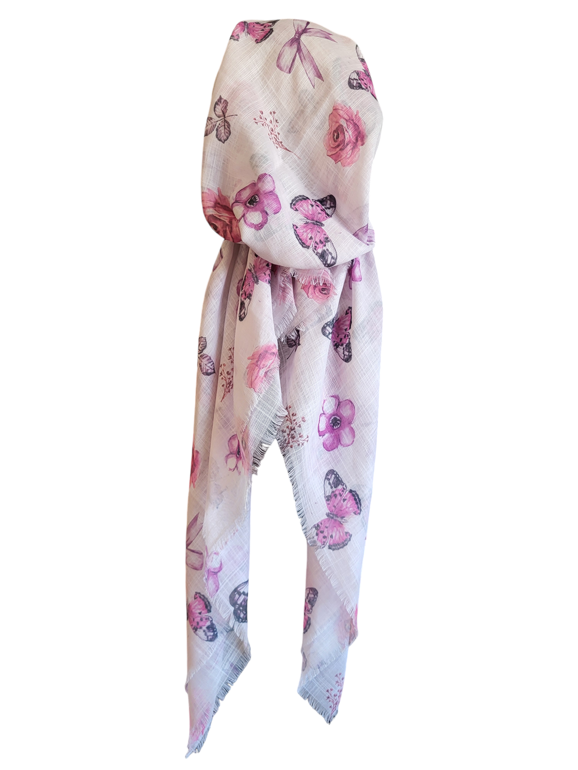 White/pink butterflies n&#39; more - soft fringes pretied tichel