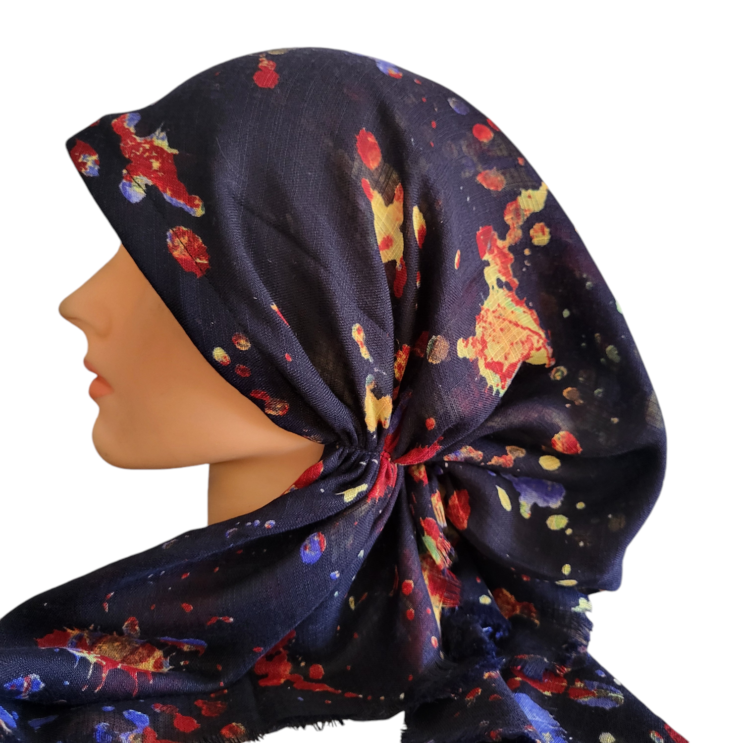 Navy paint splattered - soft fringes pretied tichel