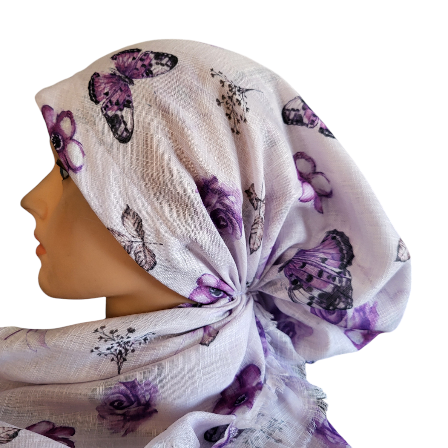 White/lavender butterflies n' more - soft fringes pretied tichel