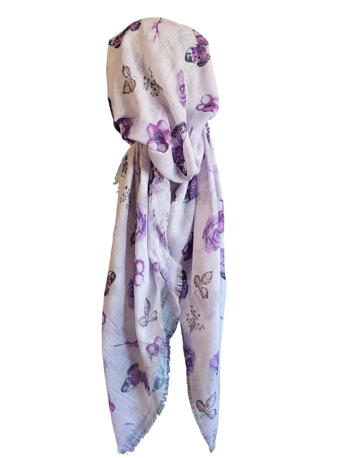 White/lavender butterflies n&#39; more - soft fringes pretied tichel