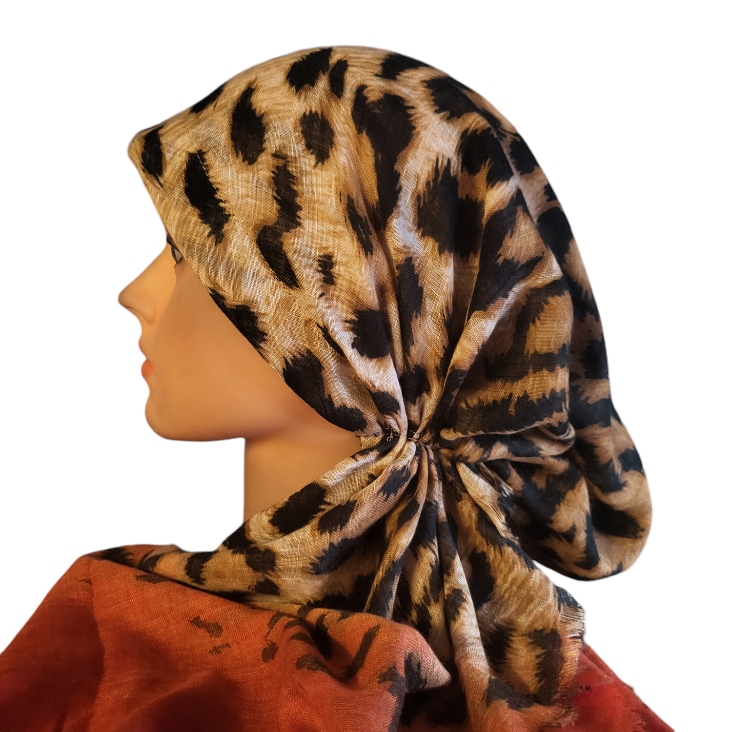 Leopard with orangy coral - soft fringes pretied tichel