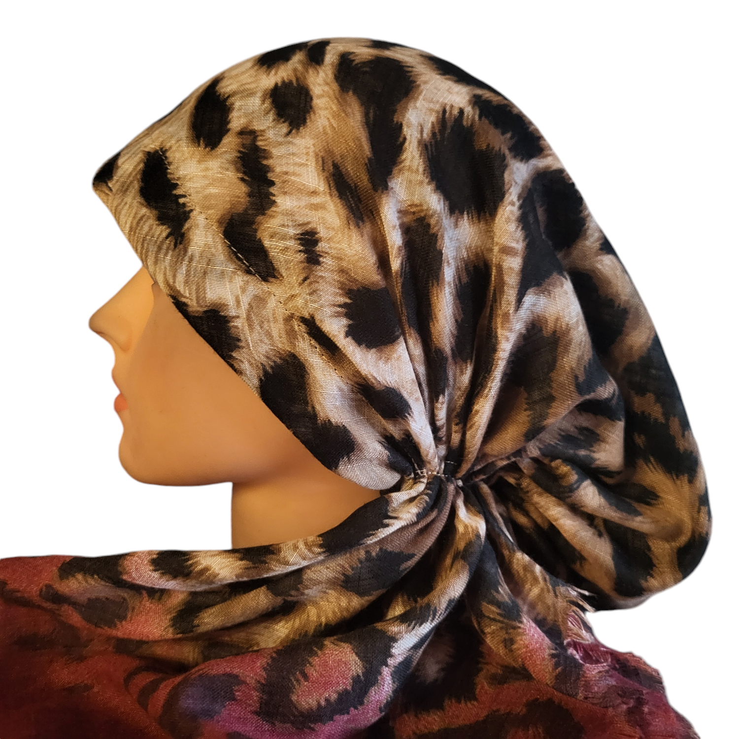 Leopard with maroon - soft fringes pretied tichel