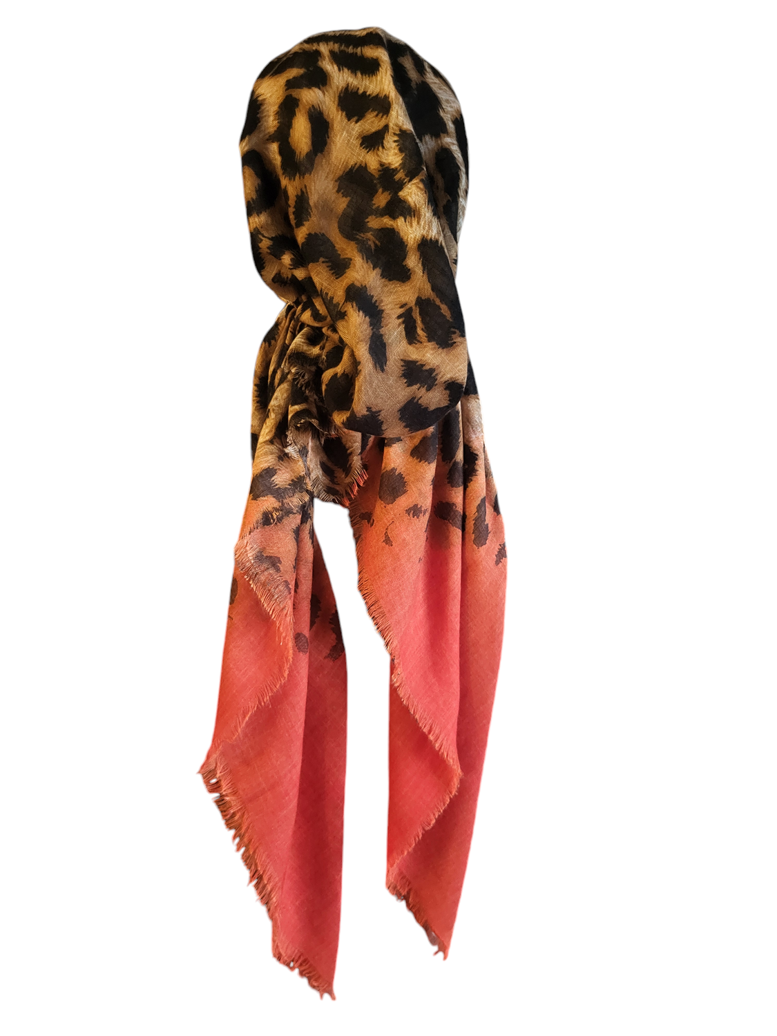 Leopard with orangy coral - soft fringes pretied tichel