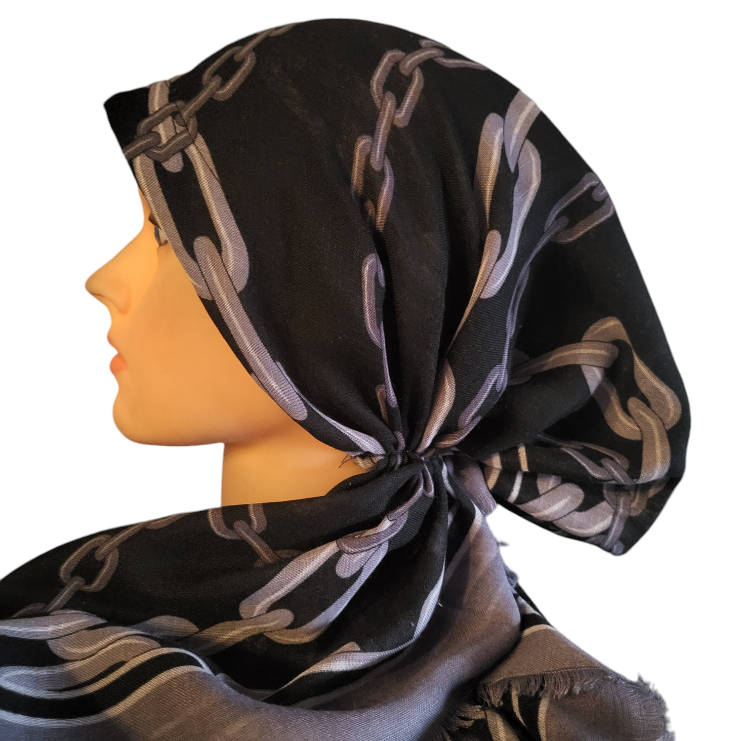 Black/gray border square chains - soft fringes pretied tichel