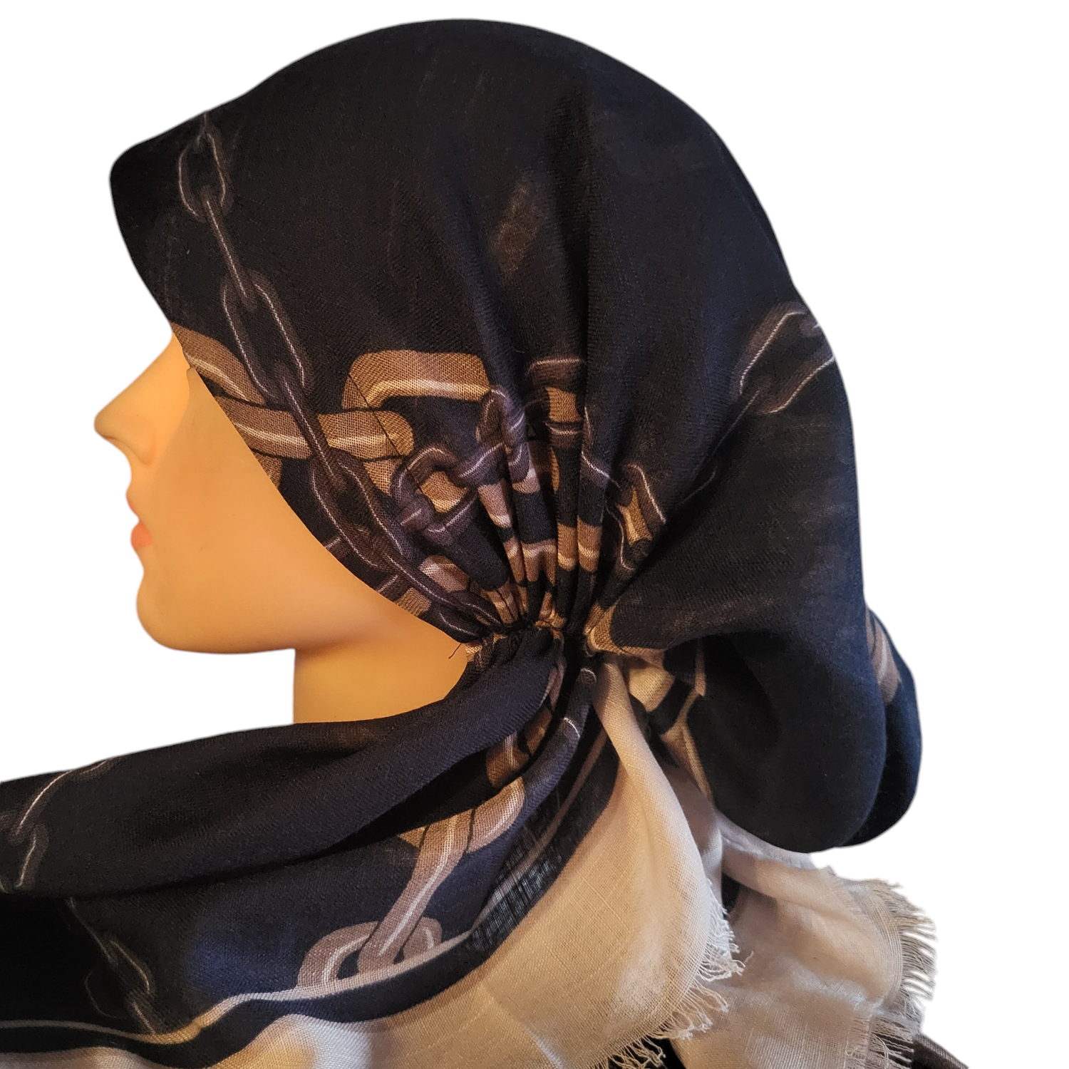 Navy/beige border square chains - soft fringes pretied tichel