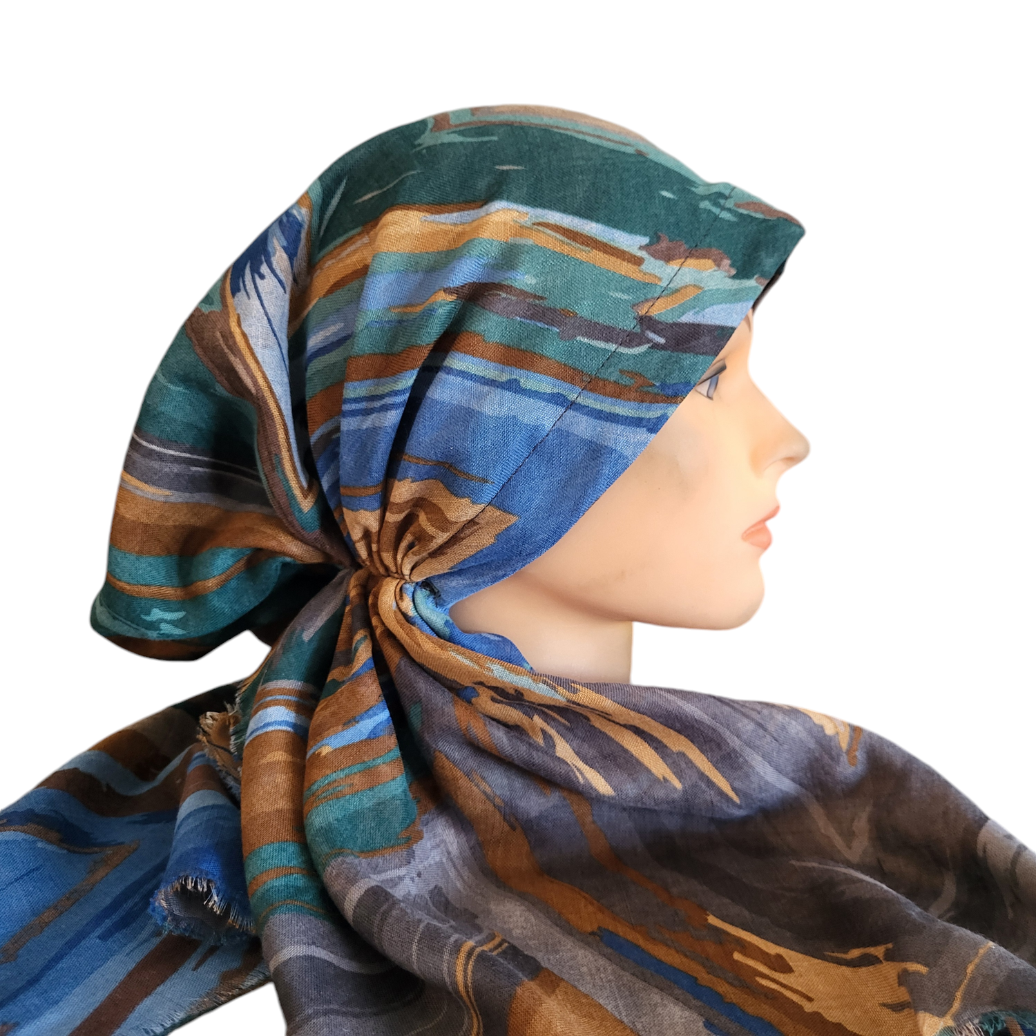 Teal/brown n' more multicolored - soft fringes pretied tichel