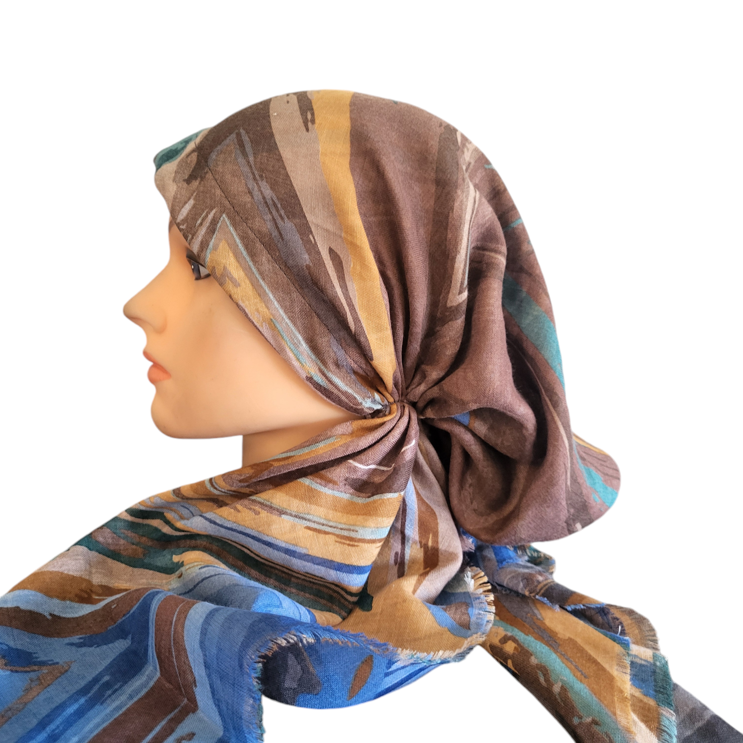 Teal/brown n' more multicolored - soft fringes pretied tichel