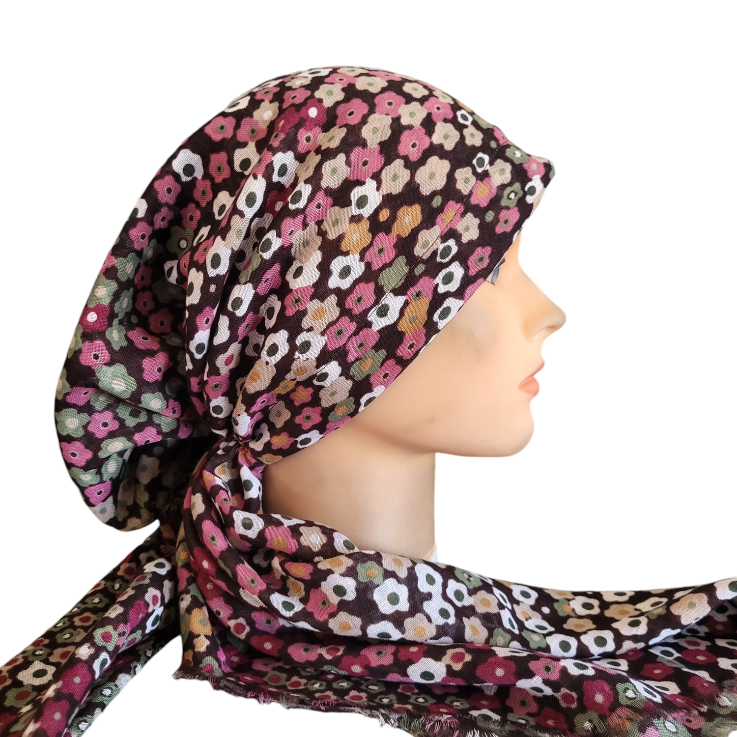 Burgundy mini flowers - soft fringes pretied tichel