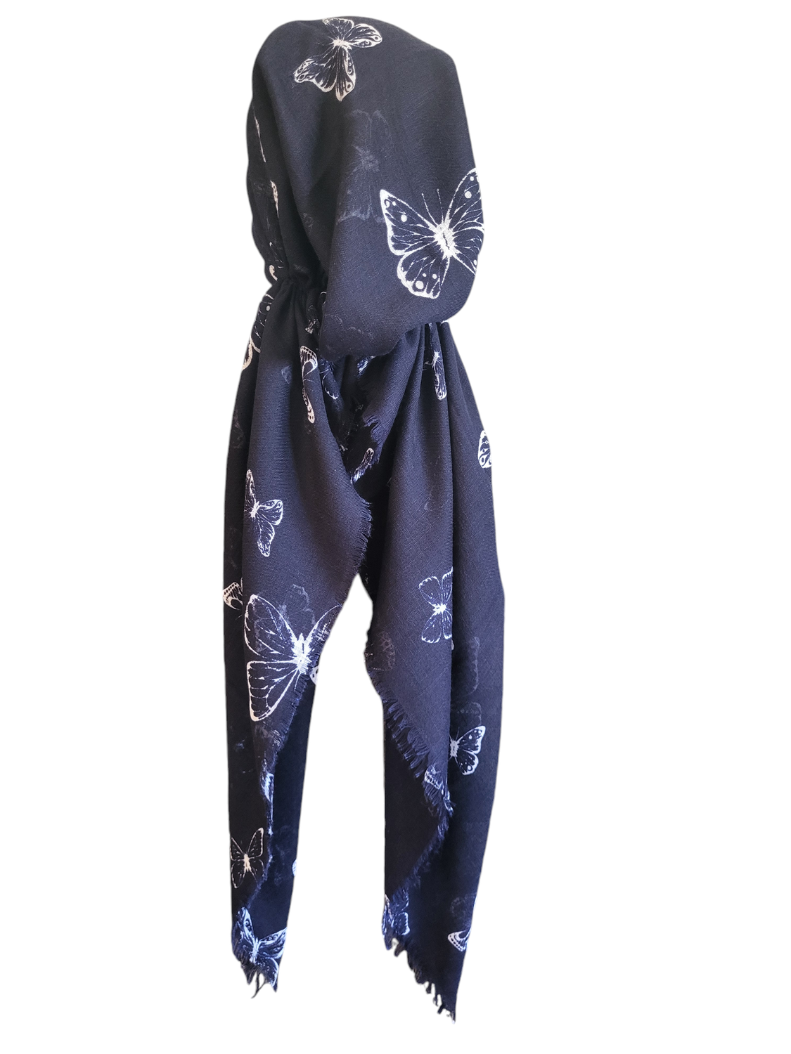 Navy slight butterflies - soft fringes pretied tichel
