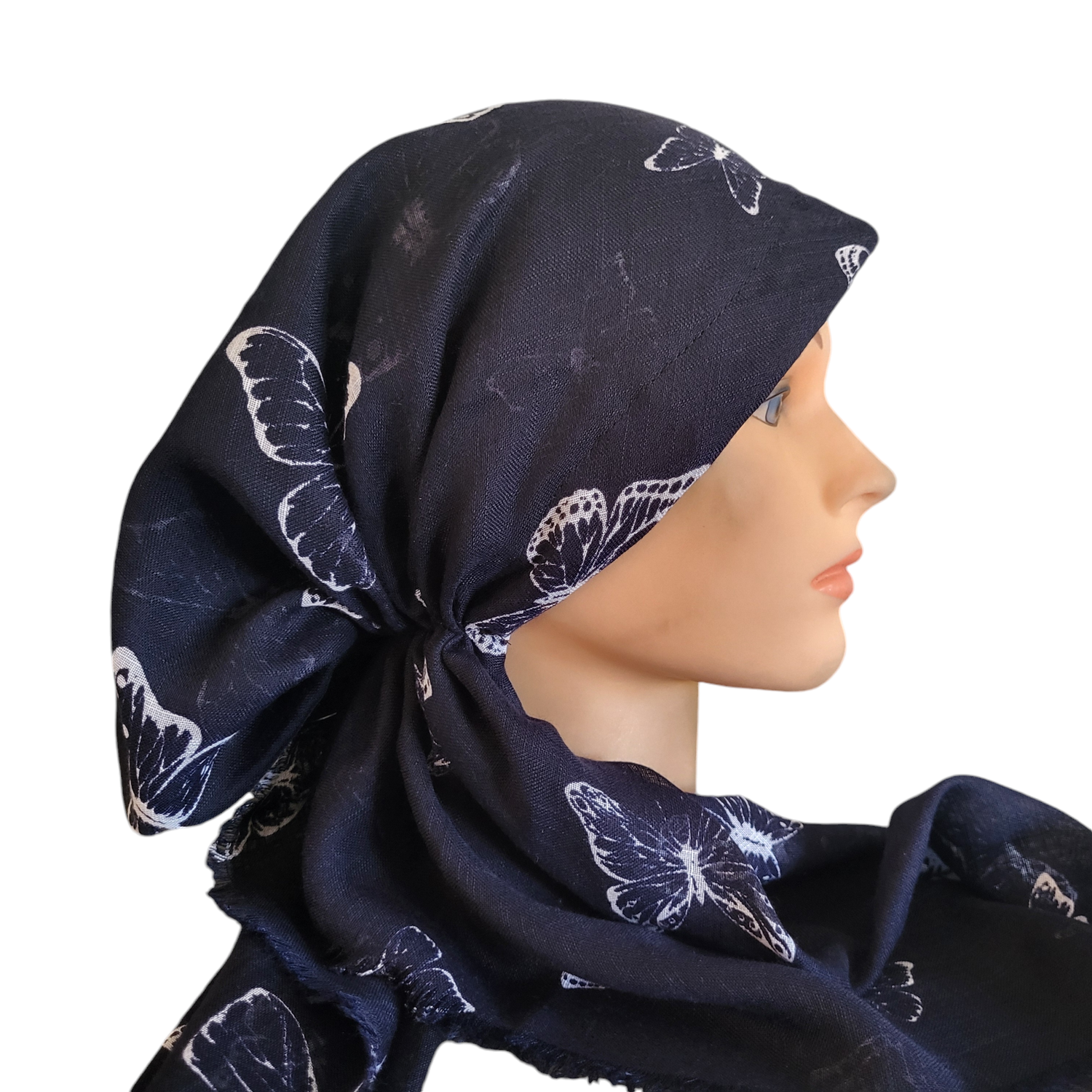 Navy slight butterflies - soft fringes pretied tichel