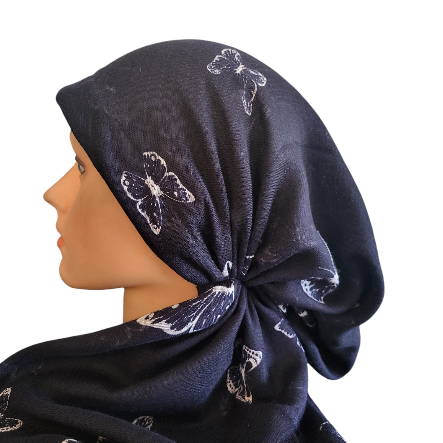 Navy slight butterflies - soft fringes pretied tichel