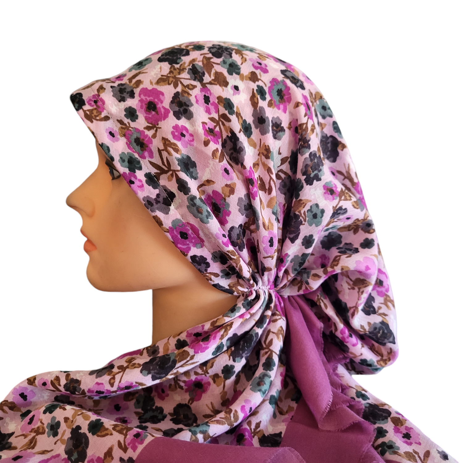 Dull berry mini flowers - soft fringes pretied tichel - Turkish style (slightly shiny) material