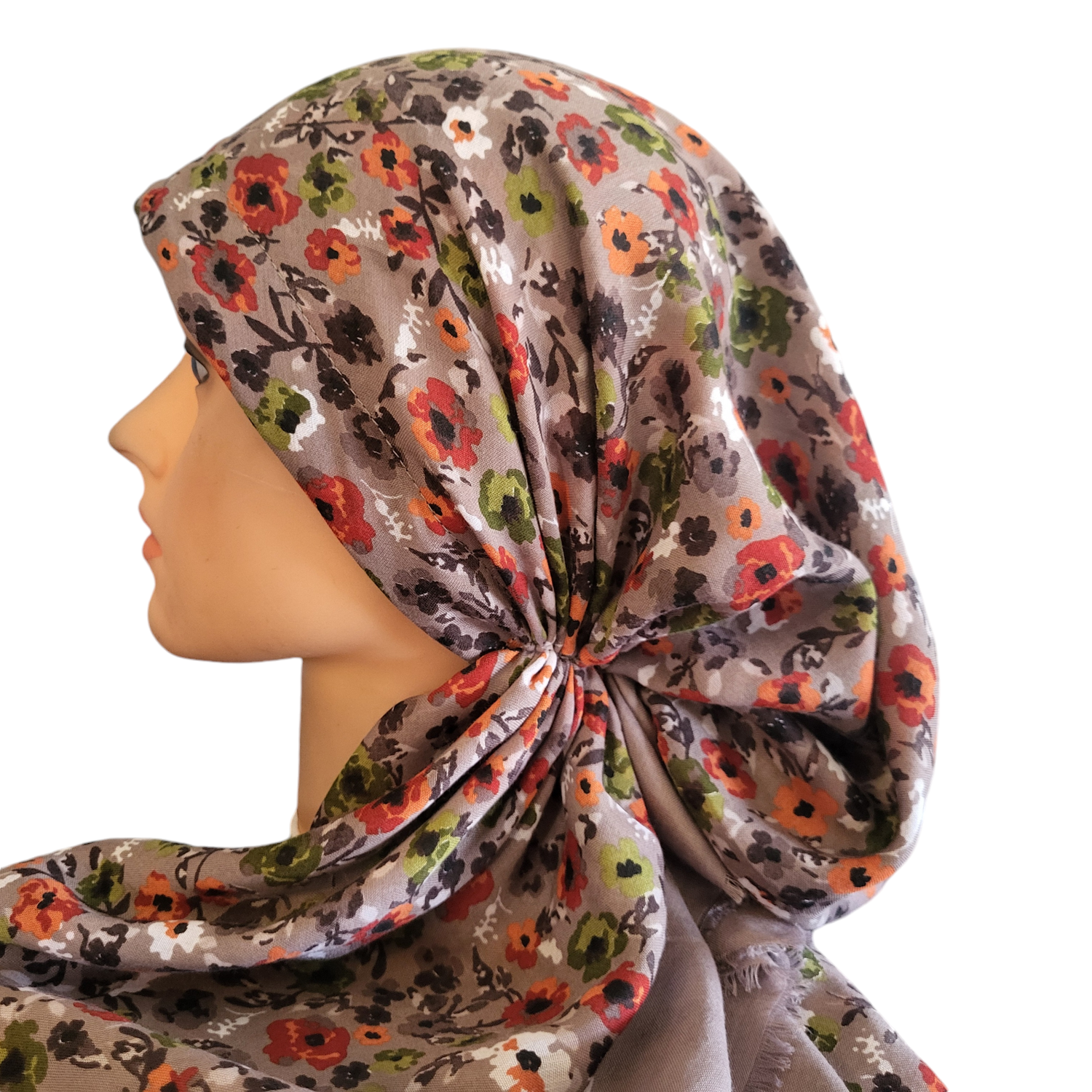 Taupey/light brown mini flowers - soft fringes pretied tichel - Turkish style (slightly shiny) material