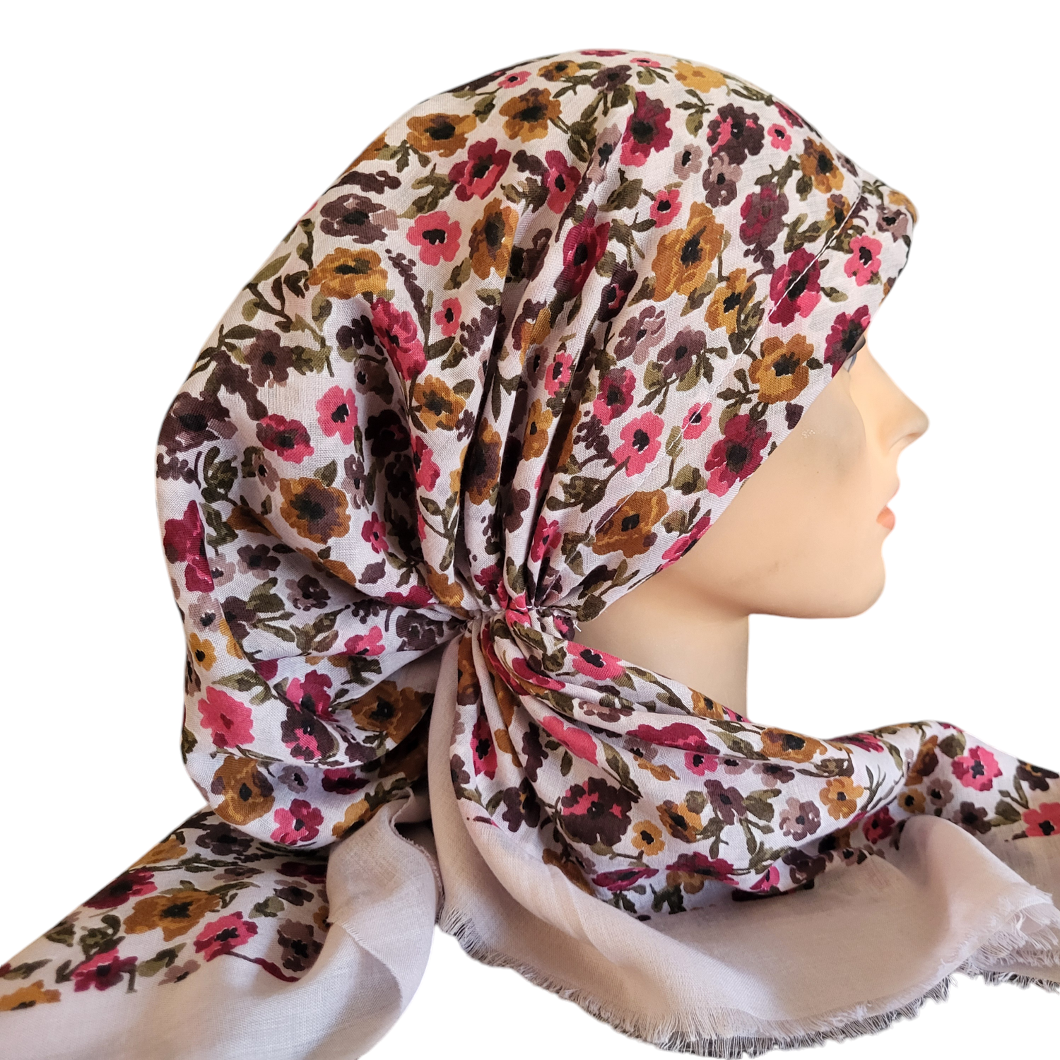 Pinkish cream mini flowers - soft fringes pretied tichel - Turkish style (slightly shiny) material