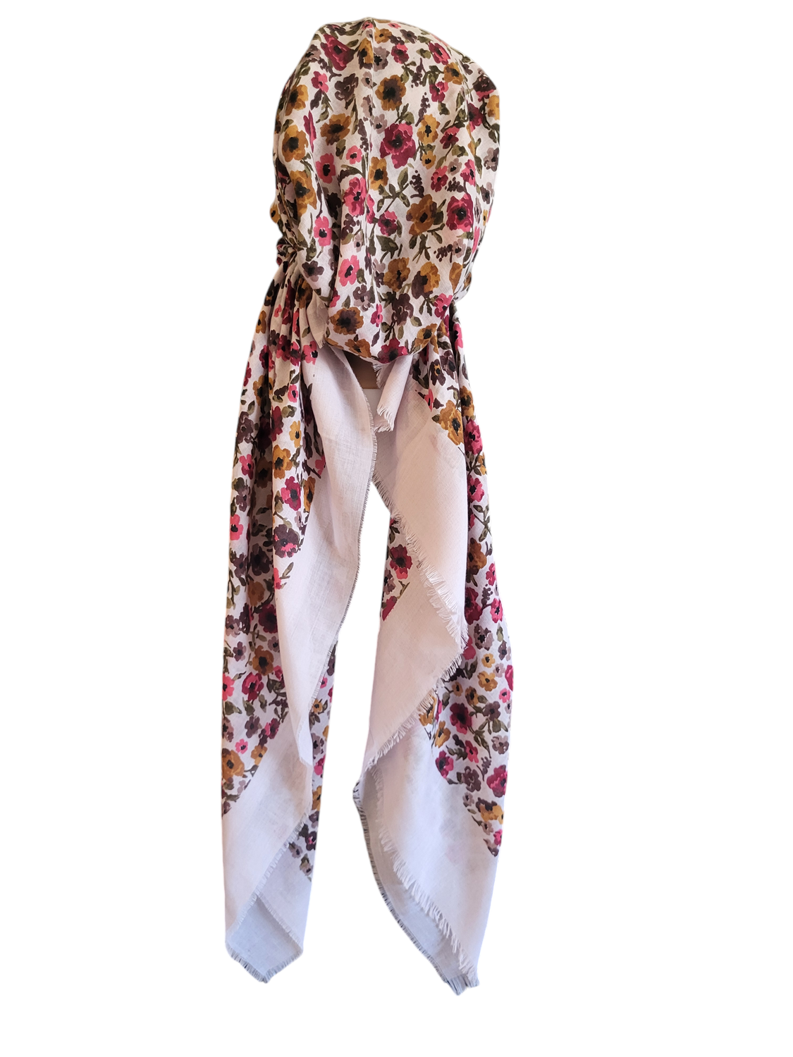 Pinkish cream mini flowers - soft fringes pretied tichel - Turkish style (slightly shiny) material
