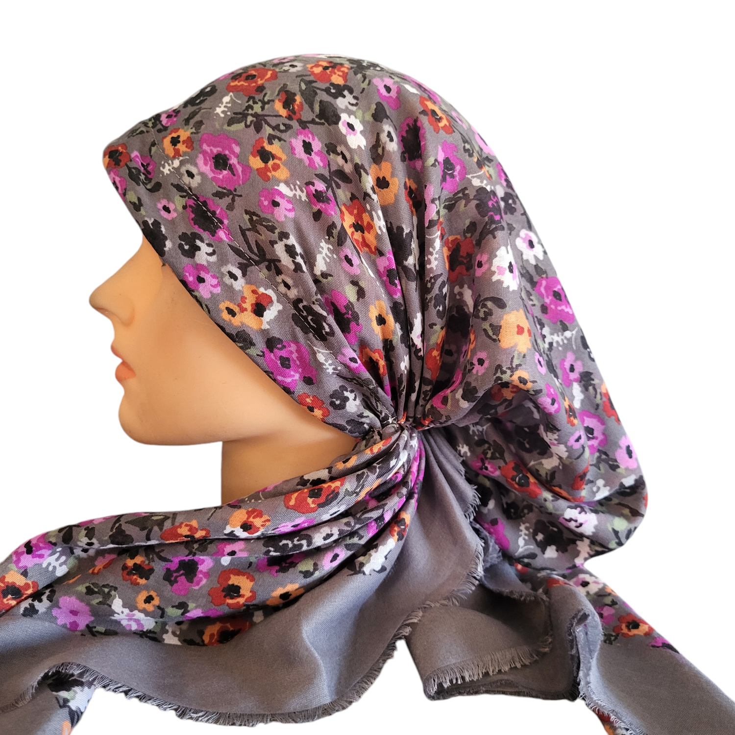 Gray mini flowers - soft fringes pretied tichel - Turkish style (slightly shiny) material