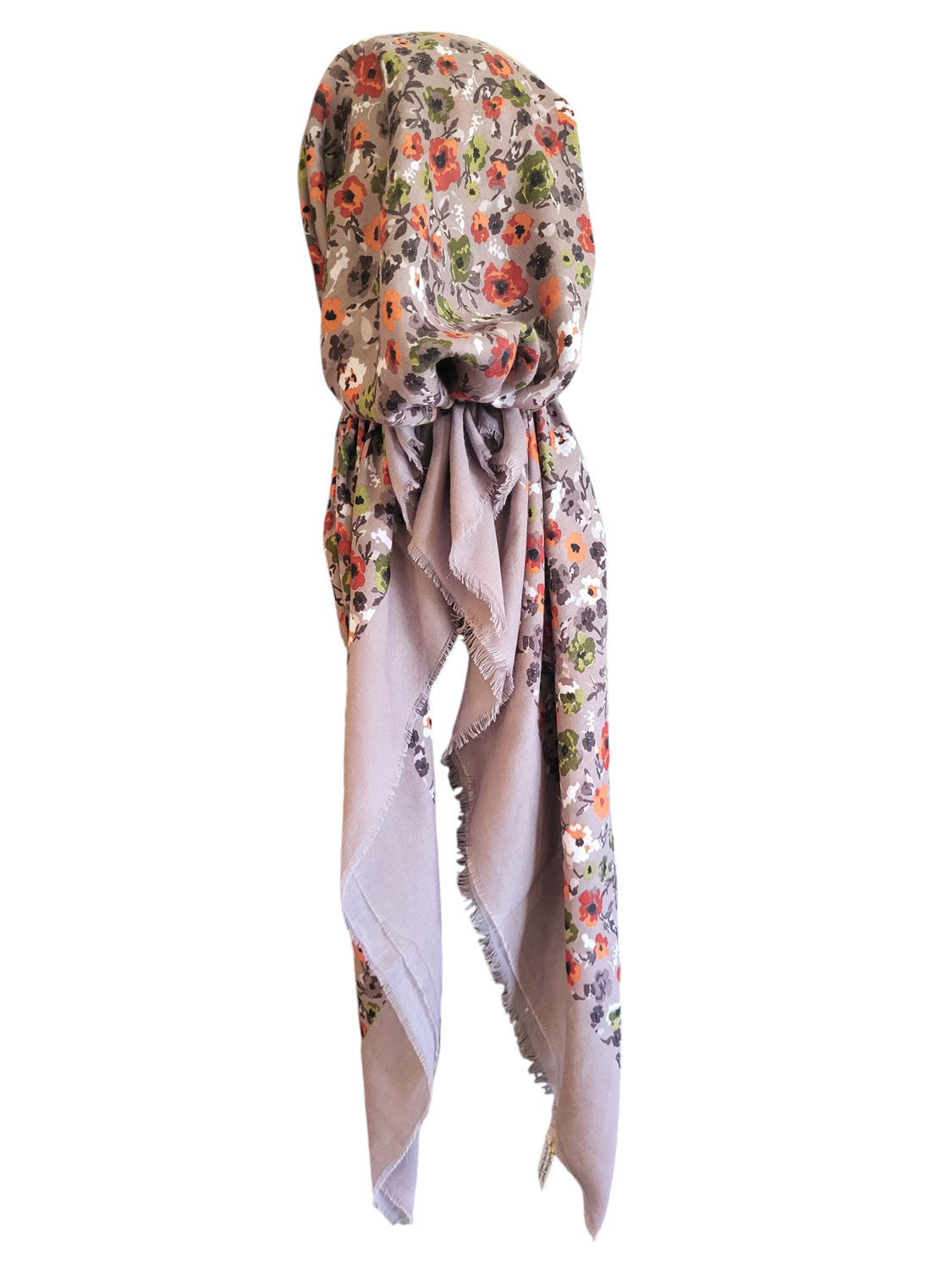 Taupey/light brown mini flowers - soft fringes pretied tichel - Turkish style (slightly shiny) material