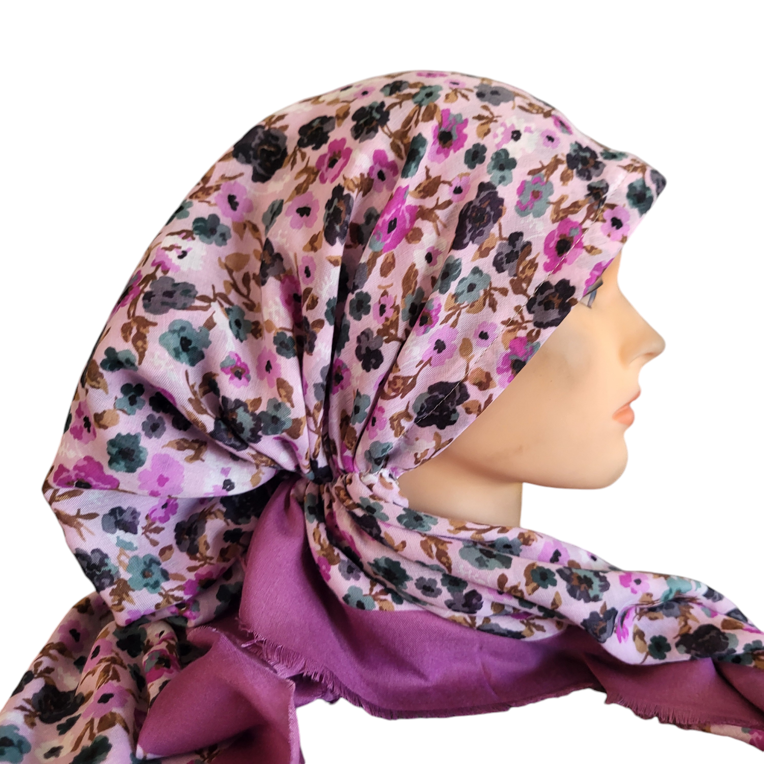 Dull berry mini flowers - soft fringes pretied tichel - Turkish style (slightly shiny) material