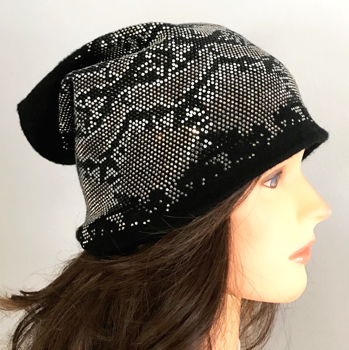Black beanie with snakeskin pattern