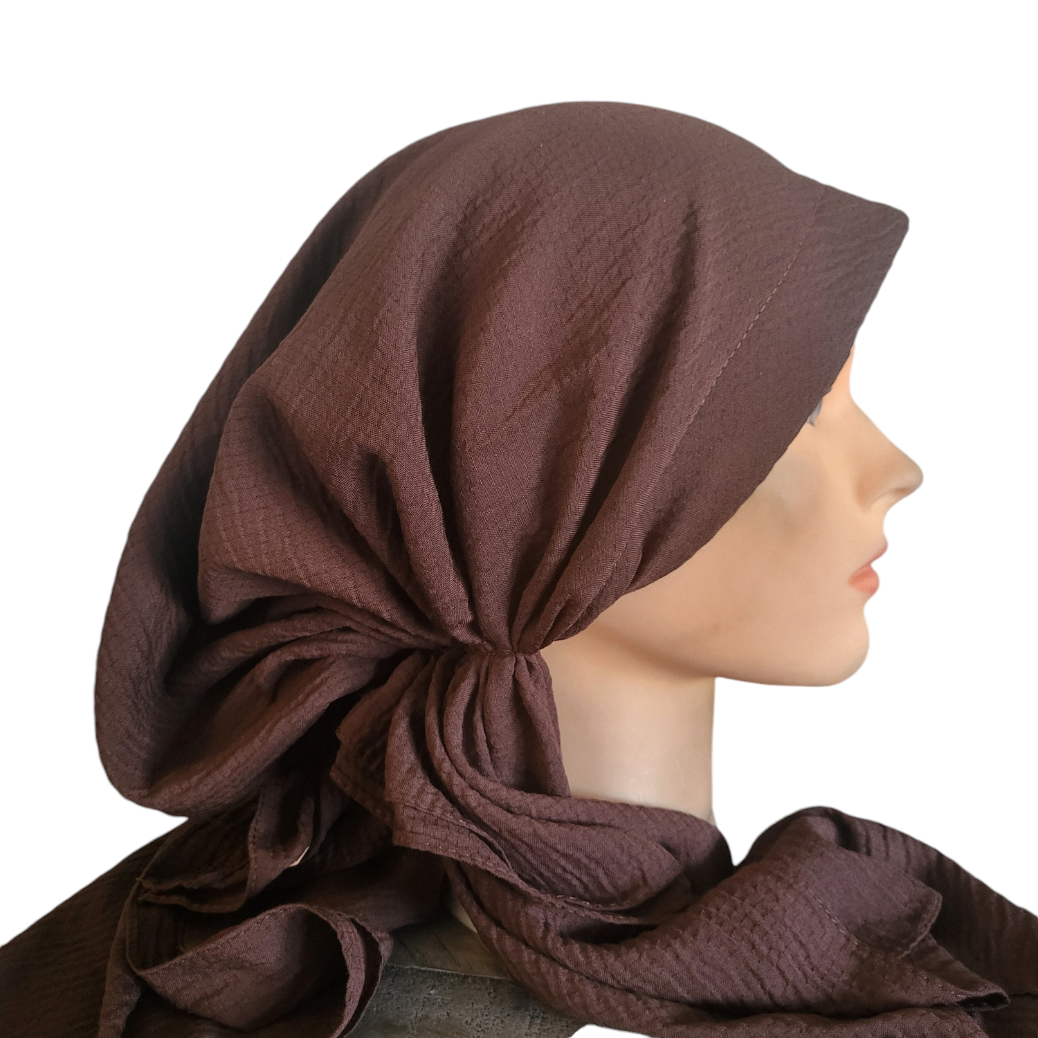Chocolate brown textured solid pre-tied tichel