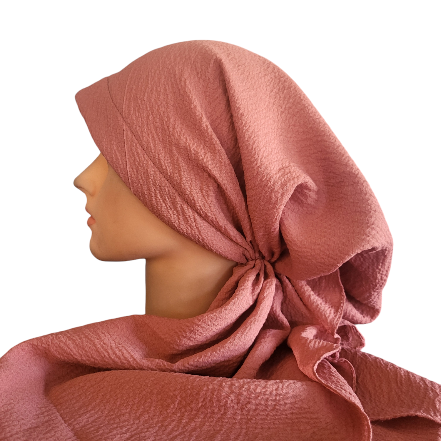 Dusty coral/strawberry textured solid pre-tied tichel