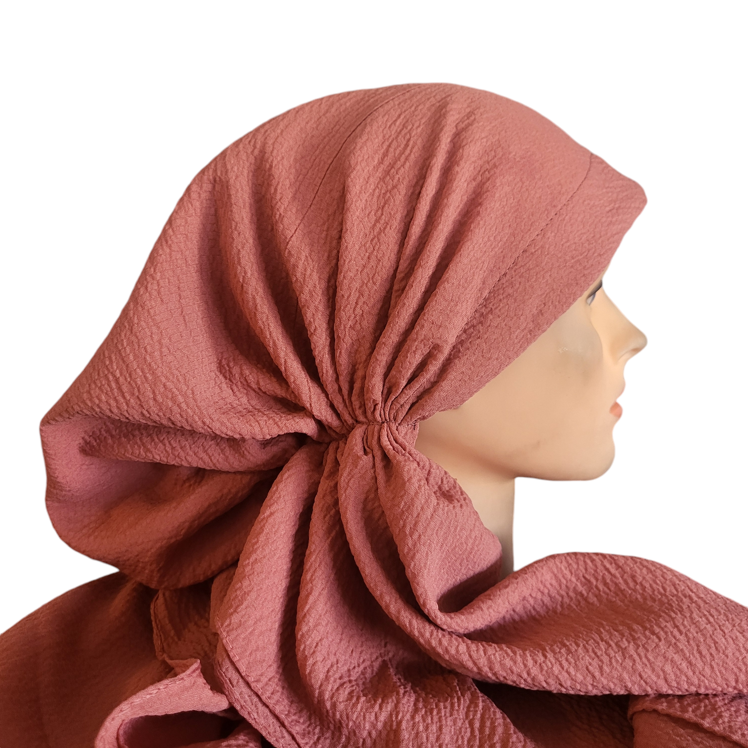 Dusty coral/strawberry textured solid pre-tied tichel