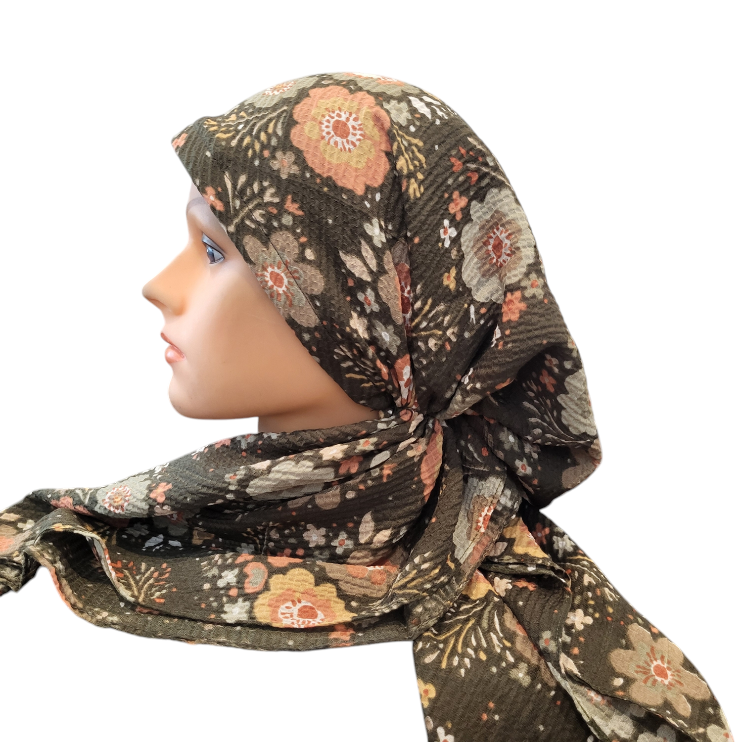 Olive - floral - AWESOME soft gauzy pretied tichel
