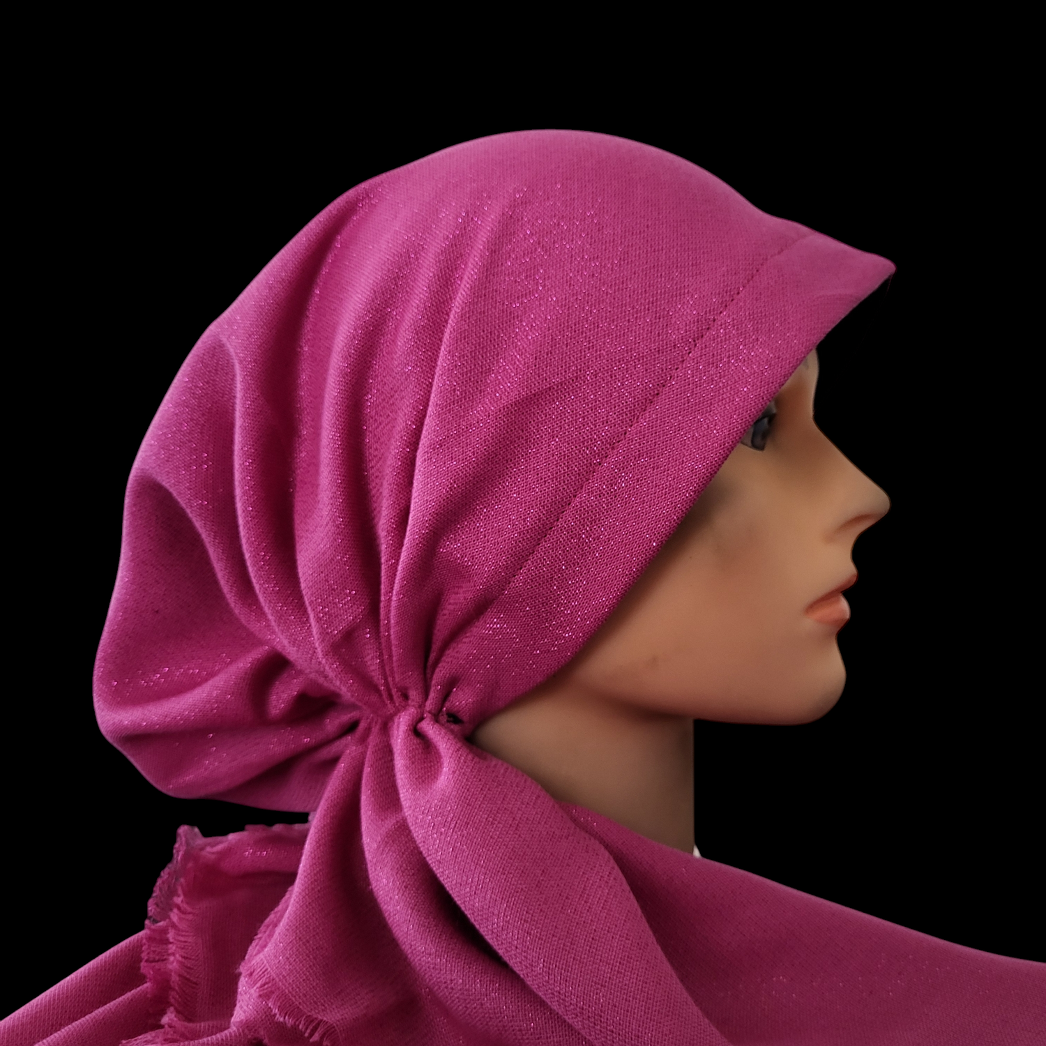 Deep pink w/glitter - soft fringes pretied tichel