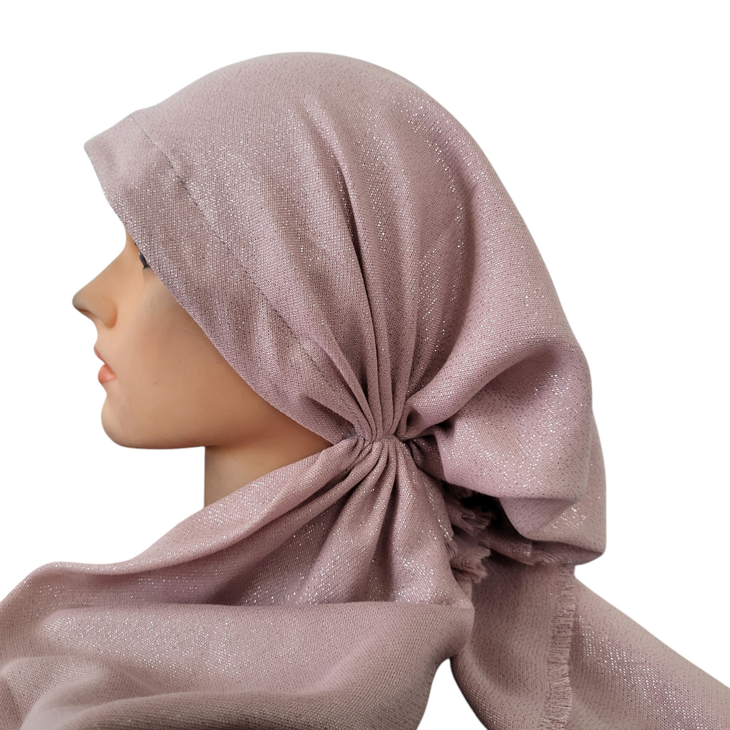 Blush/dusty pink w/glitter - soft fringes pretied tichel