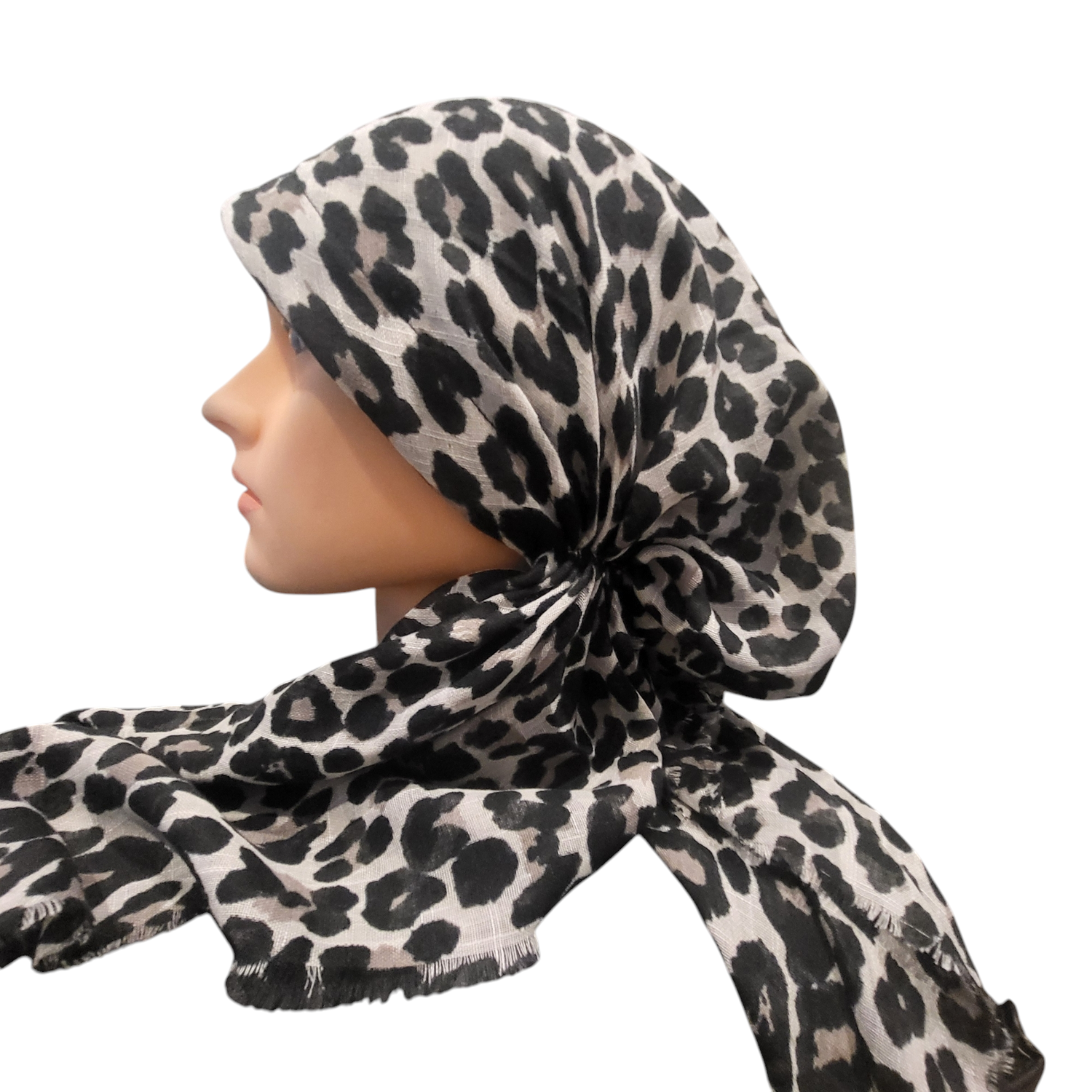 Gray leopard - soft fringes pretied tichel