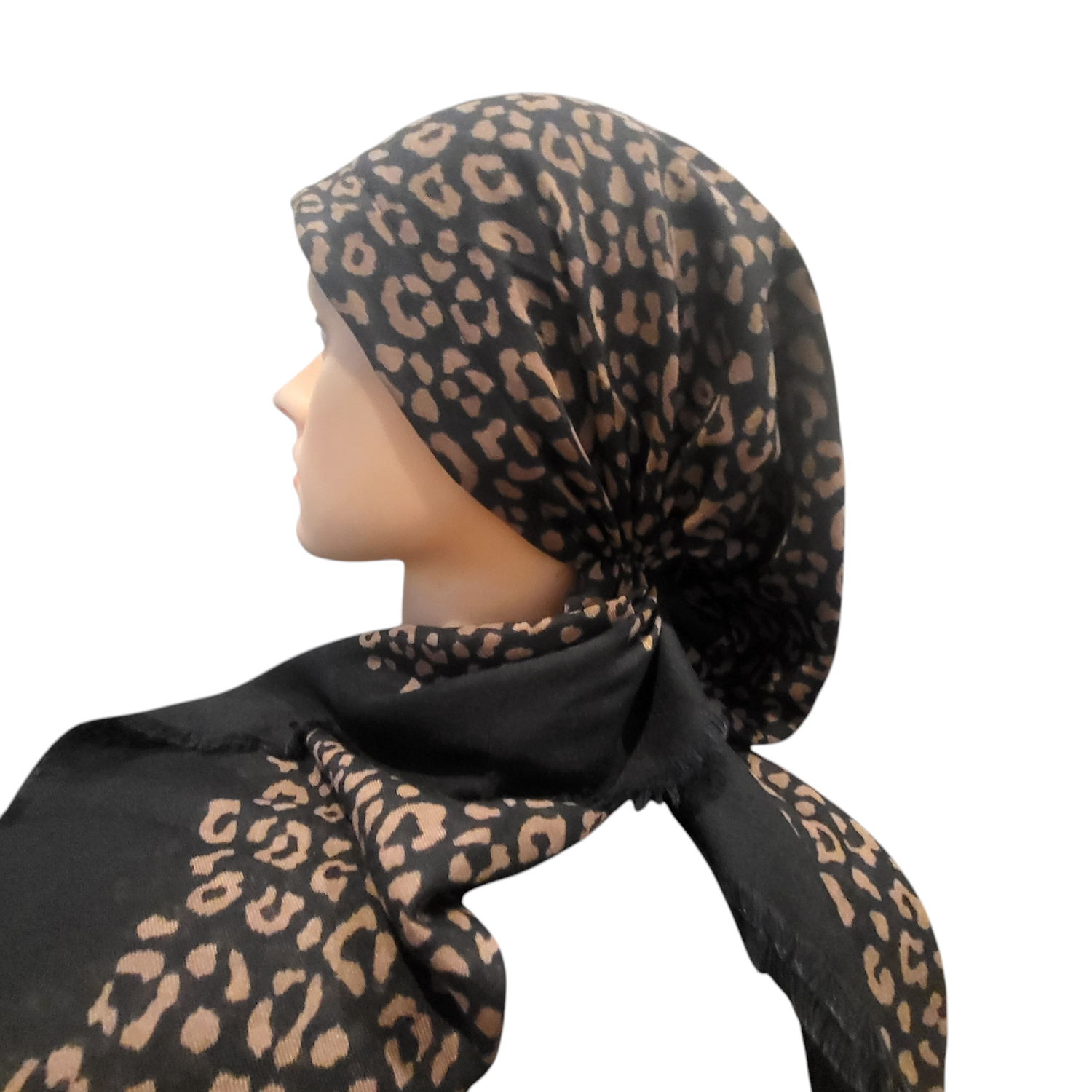 Black/brown leopard - soft fringes pretied tichel