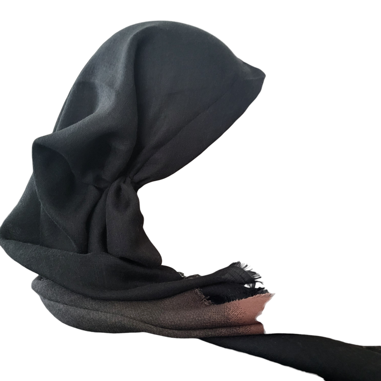 Black/slightly shaded brown- long kerchief back - soft fringes pretied tichel (BBS) w/band sewn in 