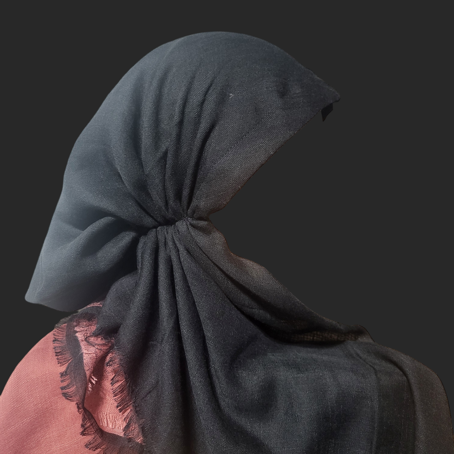 Shades of black/dusty coral - shaded soft fringes pretied tichel