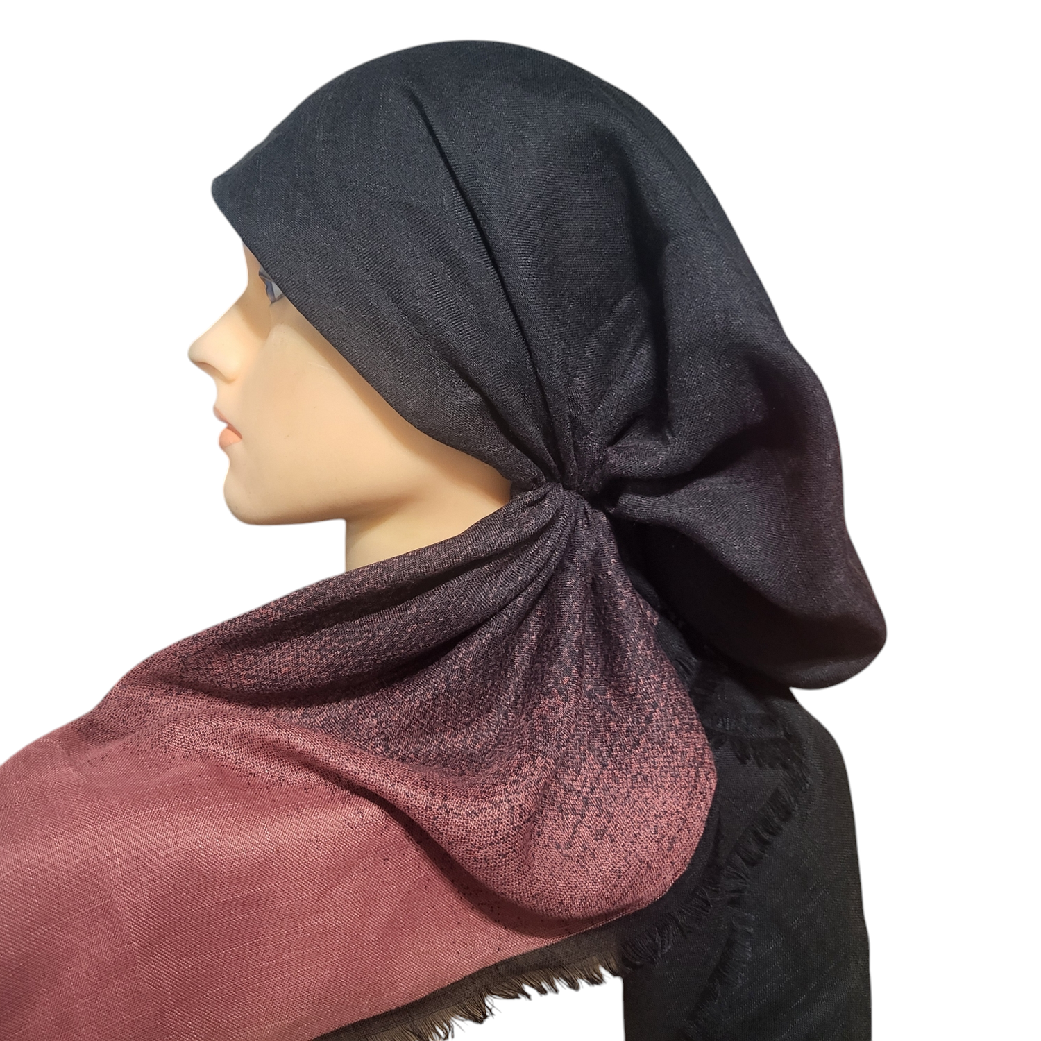 Shades of black/dusty coral - shaded soft fringes pretied tichel