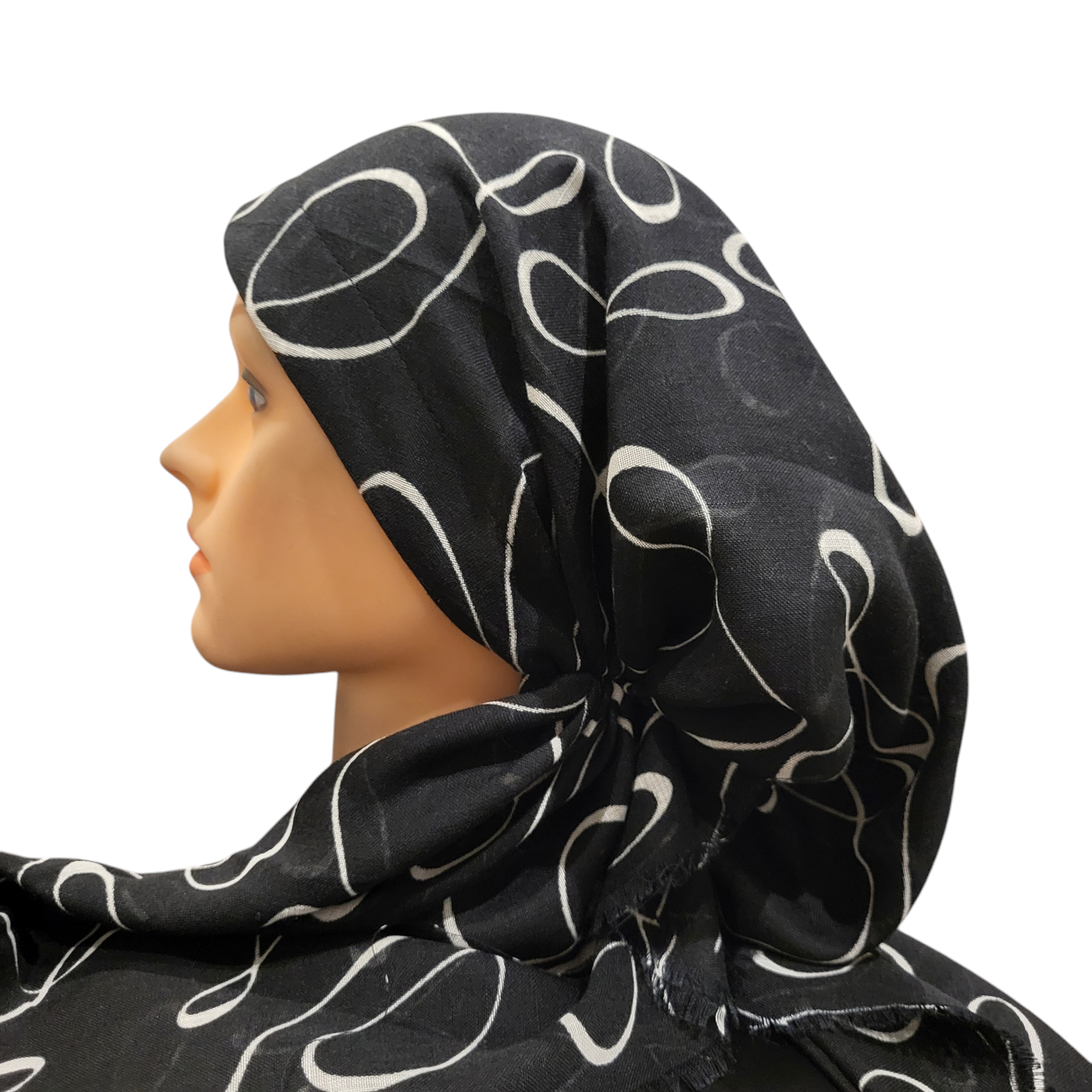 Black/White - soft fringes pretied tichel - squiggly lines