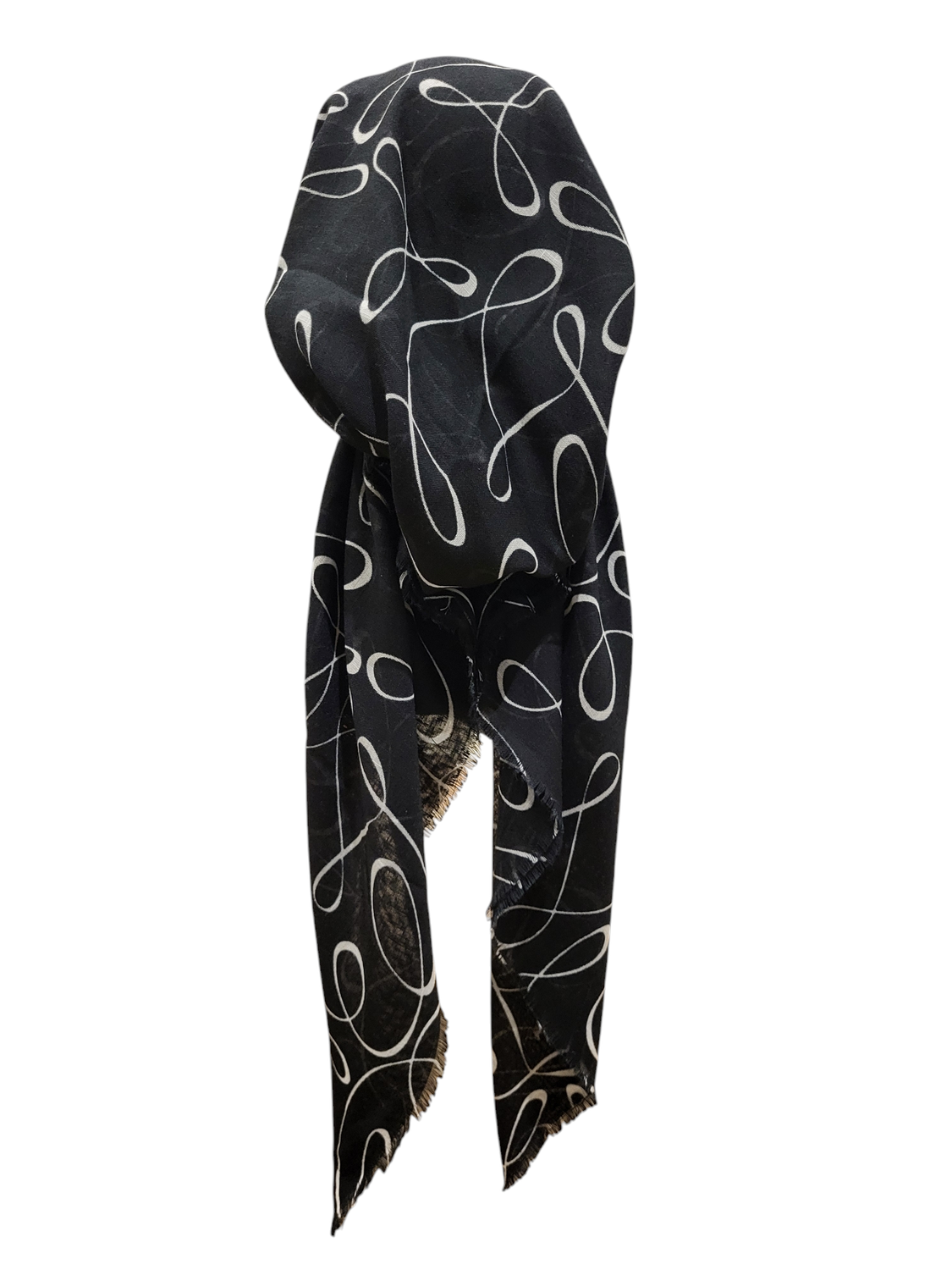 Black/White - soft fringes pretied tichel - squiggly lines