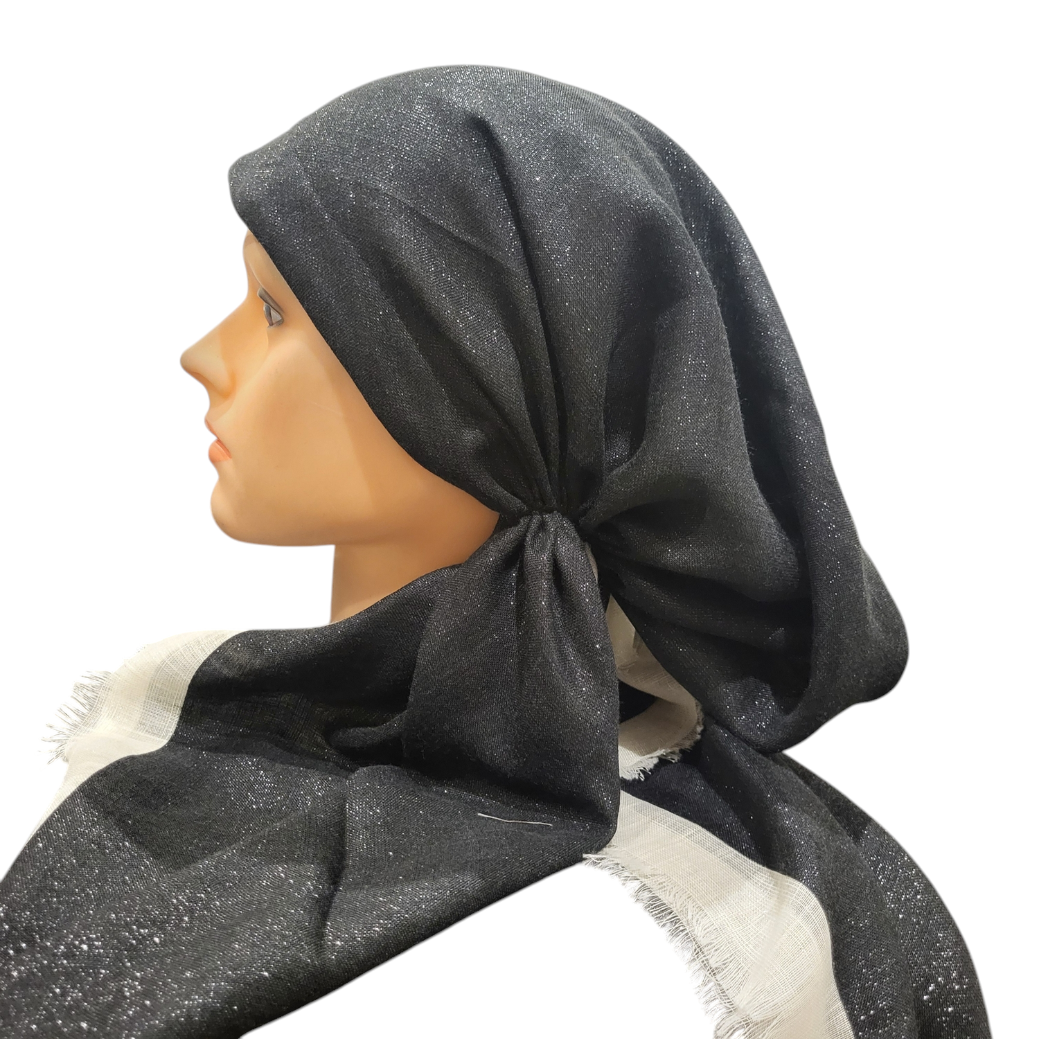 Black white/border w/silver shimmer  - soft fringes pretied tichel