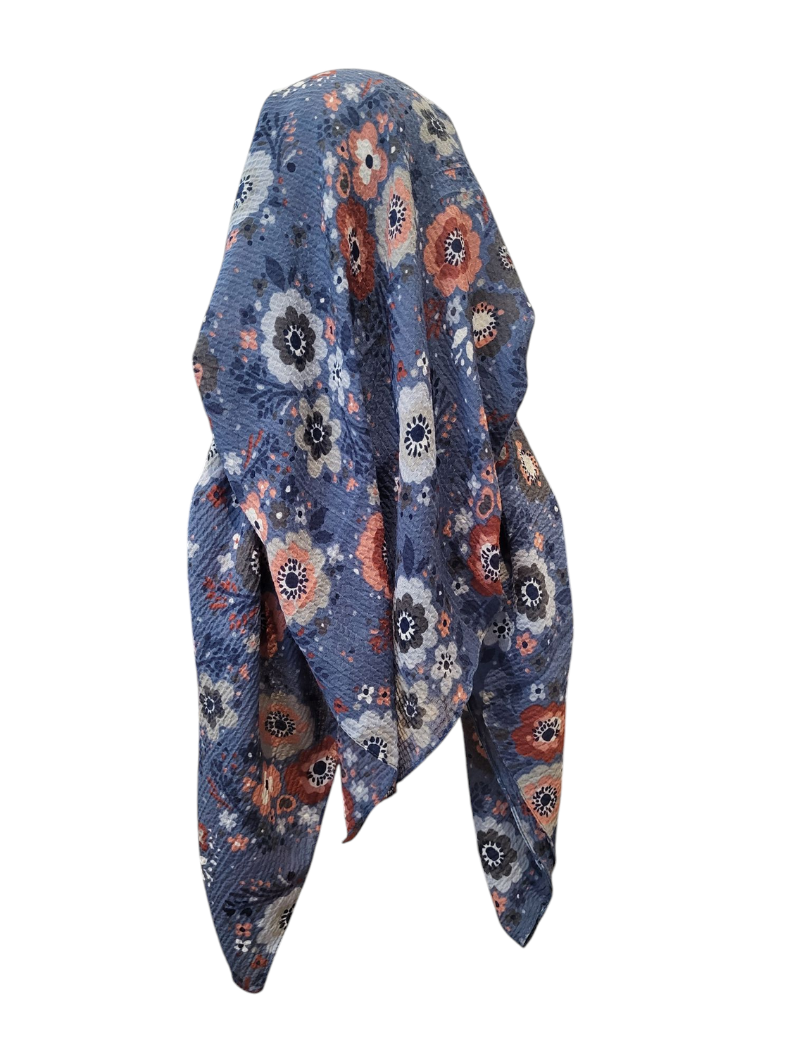 Denim floral - long back pre-tied kerchief w/band sewn in - thin gauzy material 