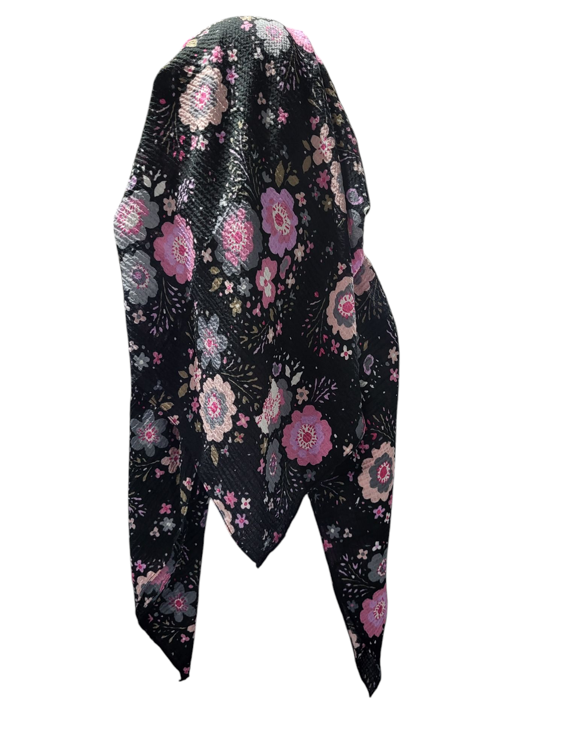 Black/pink floral - long back pre-tied kerchief w/band sewn in - thin gauzy material 