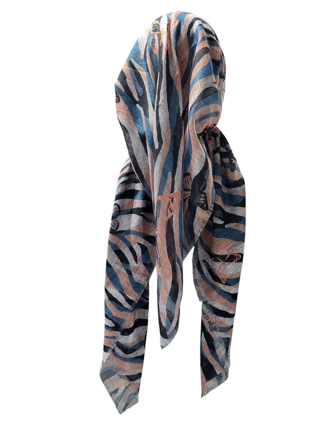 Stripey n&#39; butterflies -  long back pre-tied kerchief w/band sewn in  -  soft fringed edges material