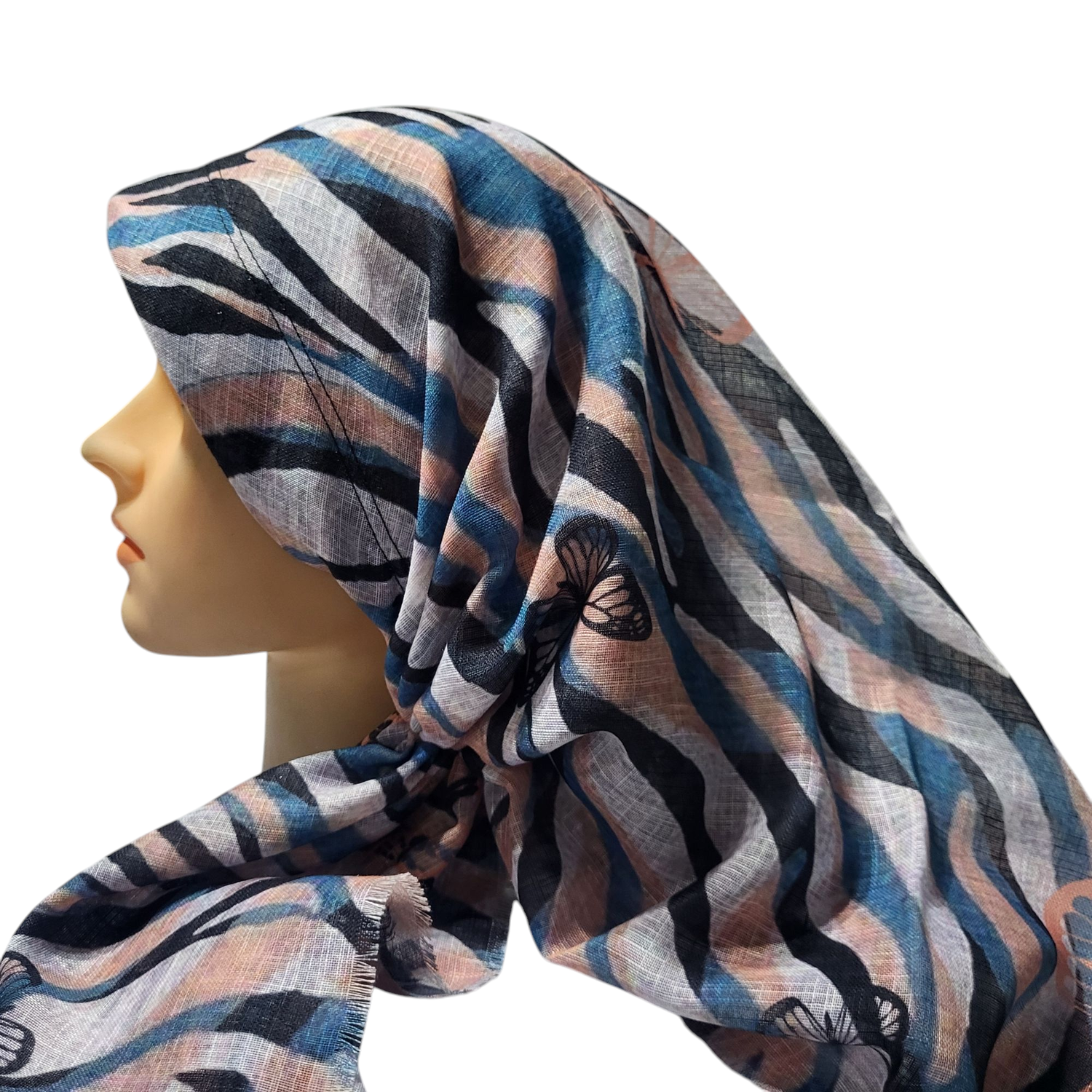 Stripey n' butterflies -  long back pre-tied kerchief w/band sewn in  -  soft fringed edges material