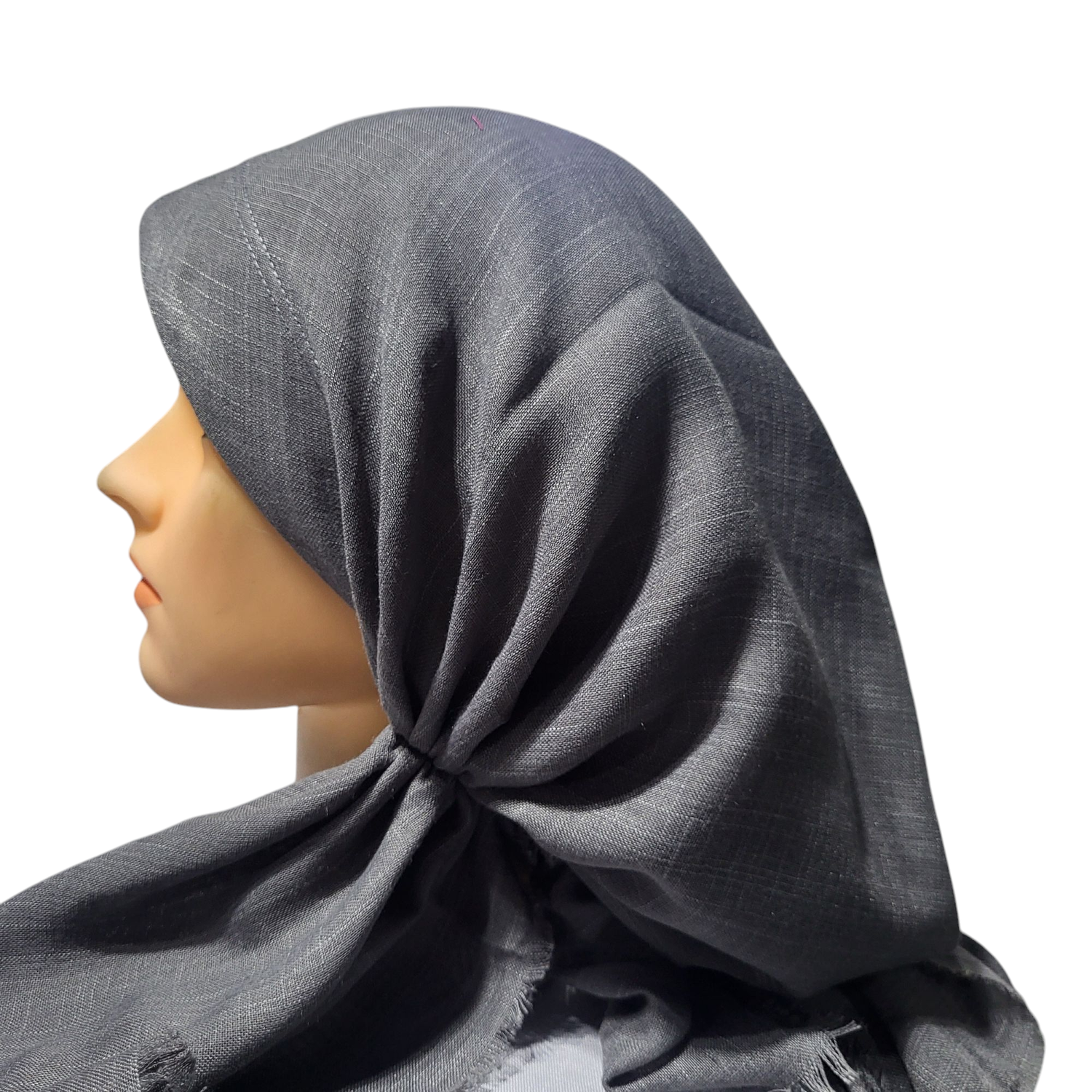 Dark gray solid - long back pre-tied kerchief w/band sewn in  -  soft fringed edges material