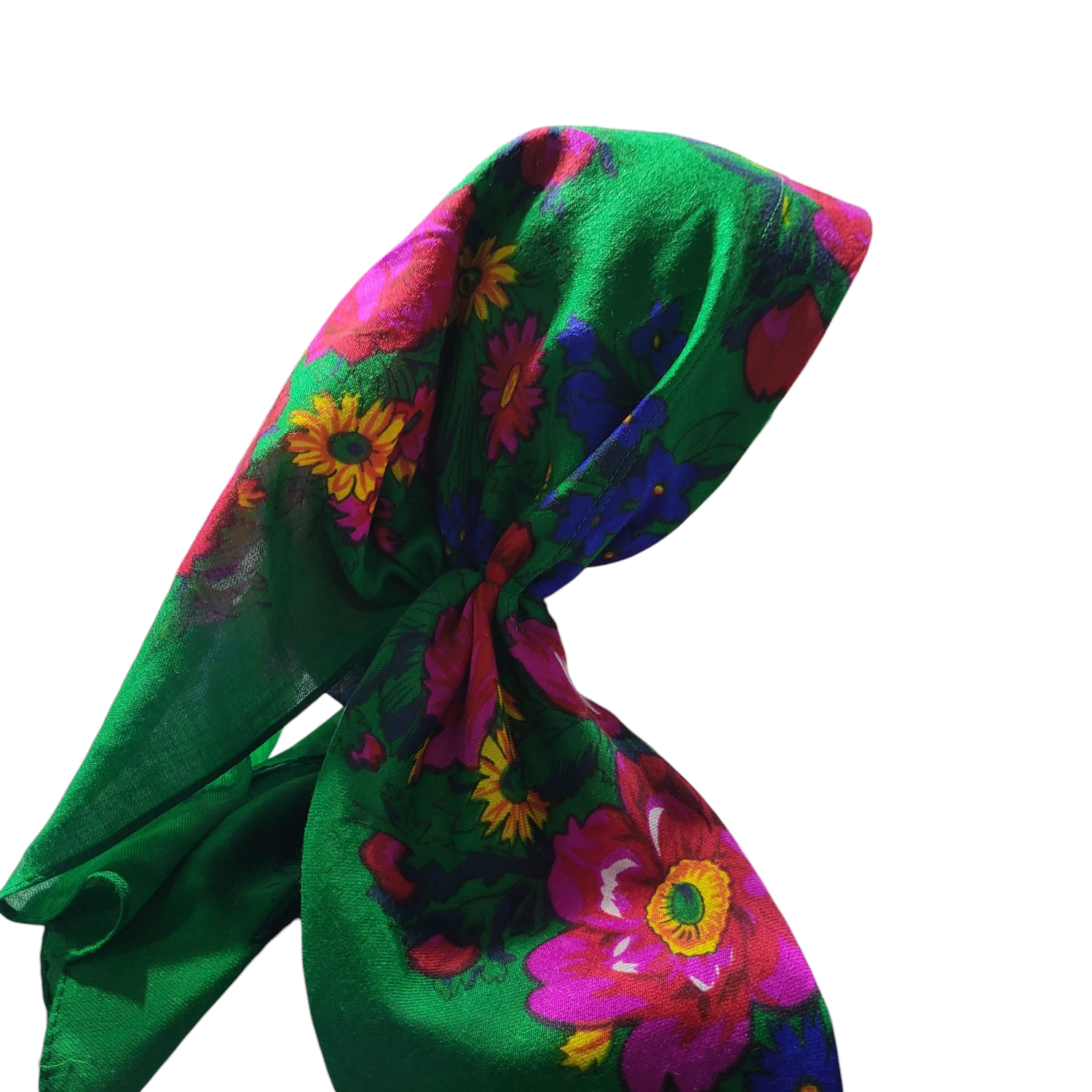 Green long center back - pre-tied kerchief w/band sewn in  -  Vintage tichel