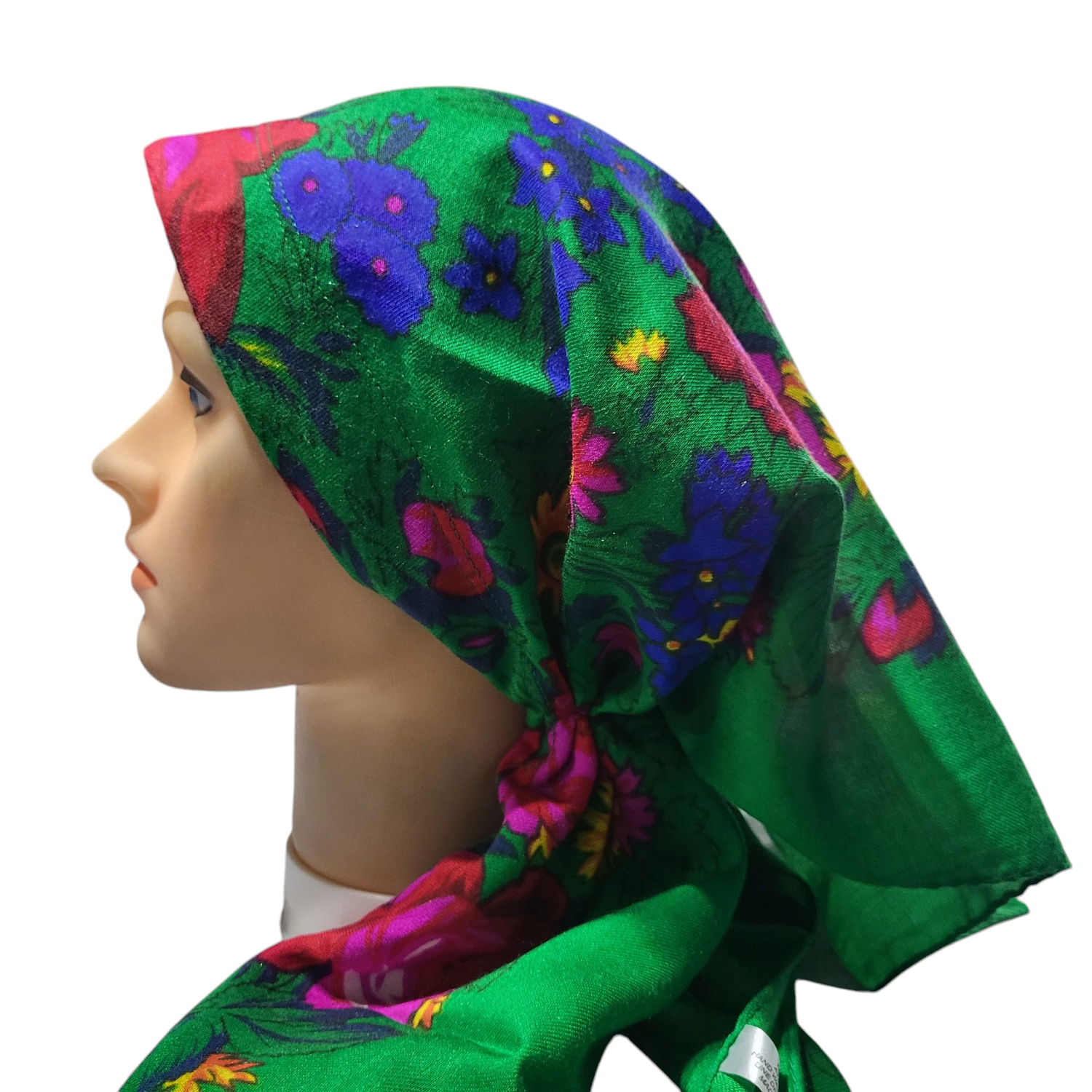 Green long center back - pre-tied kerchief w/band sewn in  -  Vintage tichel