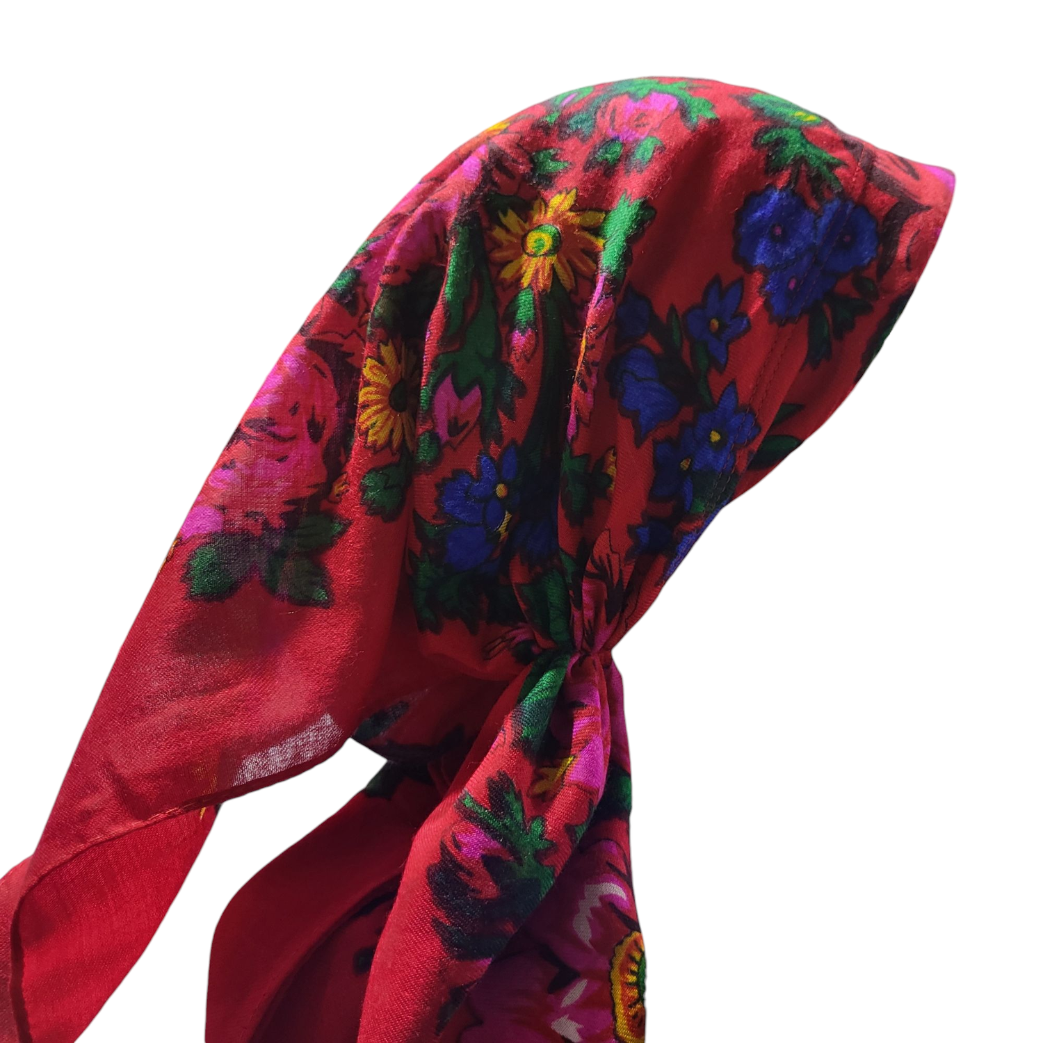 Red long center back - pre-tied kerchief w/band sewn in  -  Vintage tichel