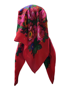 Red long center back - pre-tied kerchief w/band sewn in  -  Vintage tichel