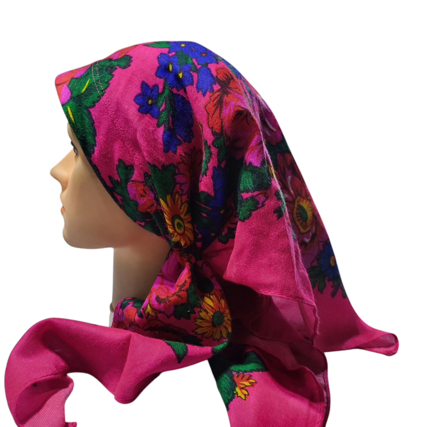 Fuchsia/Hot pink long center back - pre-tied kerchief w/band sewn in  -  Vintage tichel