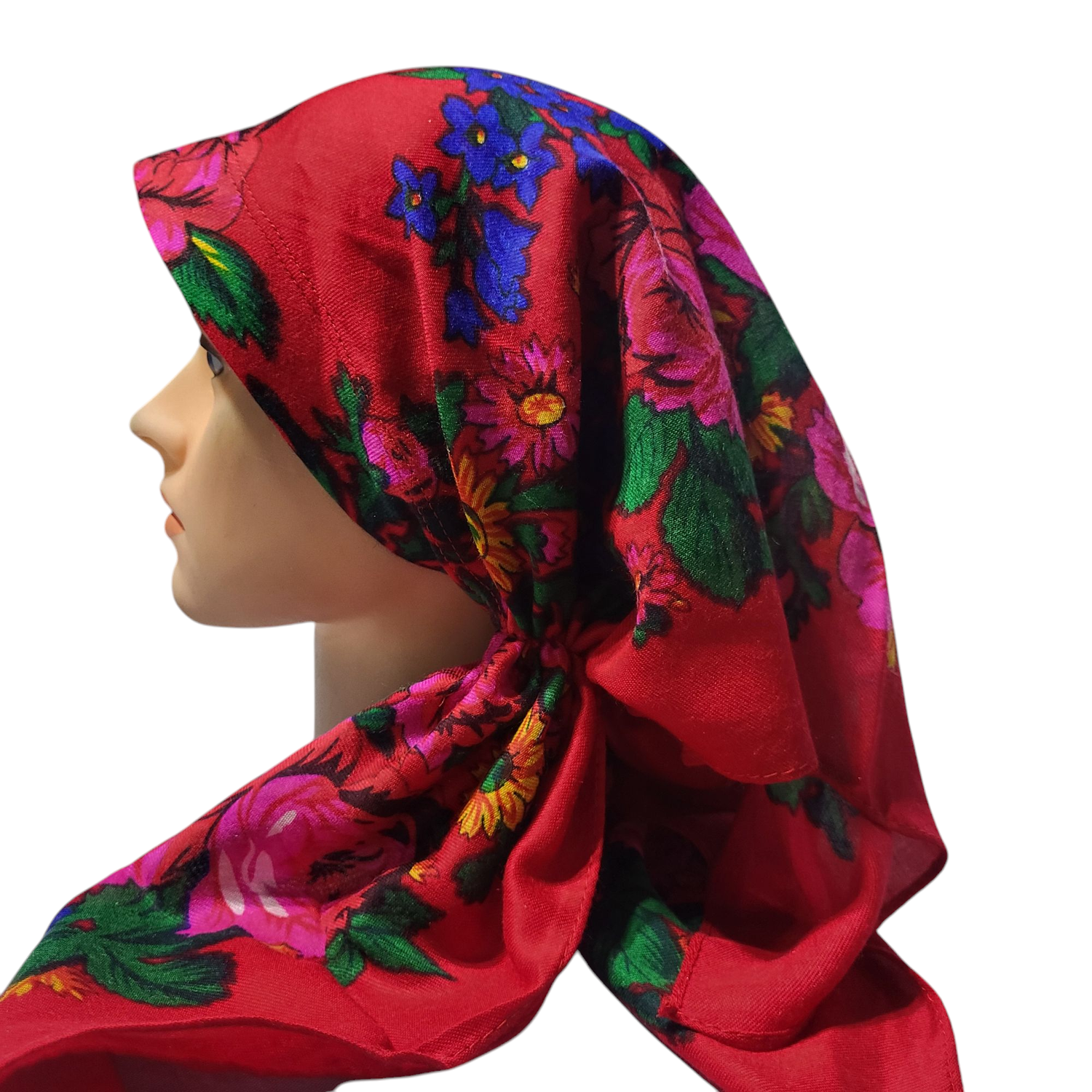 Red long center back - pre-tied kerchief w/band sewn in  -  Vintage tichel