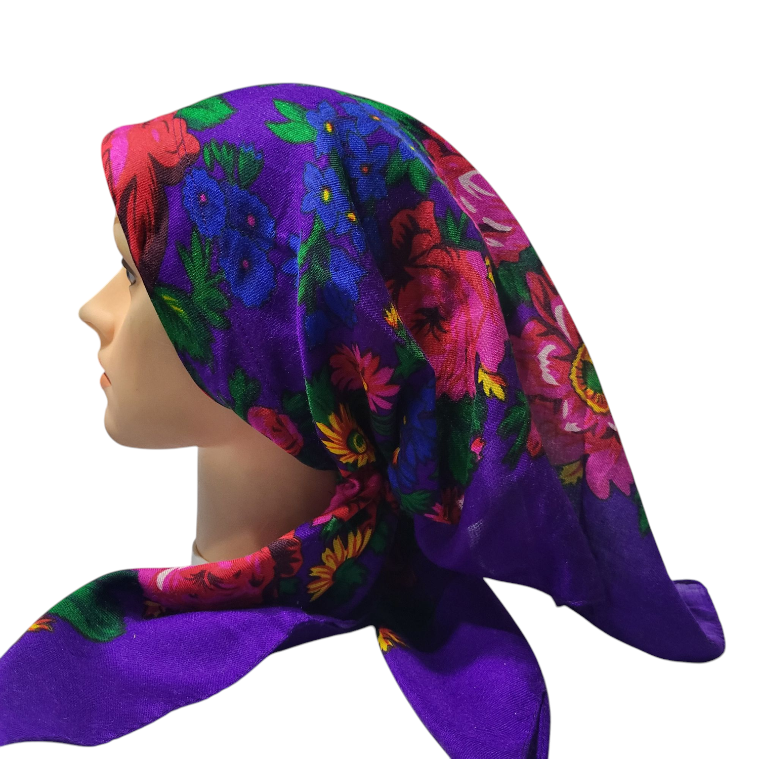 Purple long center back - pre-tied kerchief w/band sewn in  -  Vintage tichel