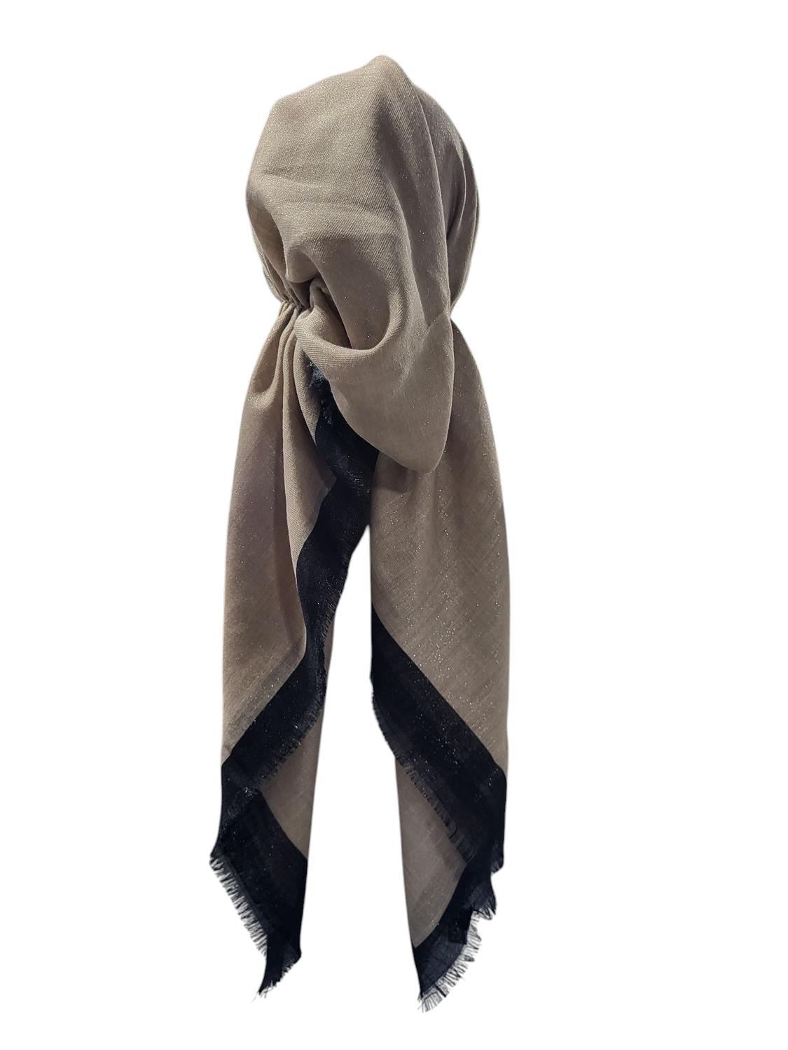 Beige/black border w/silver shimmer  - soft fringes pretied tichel